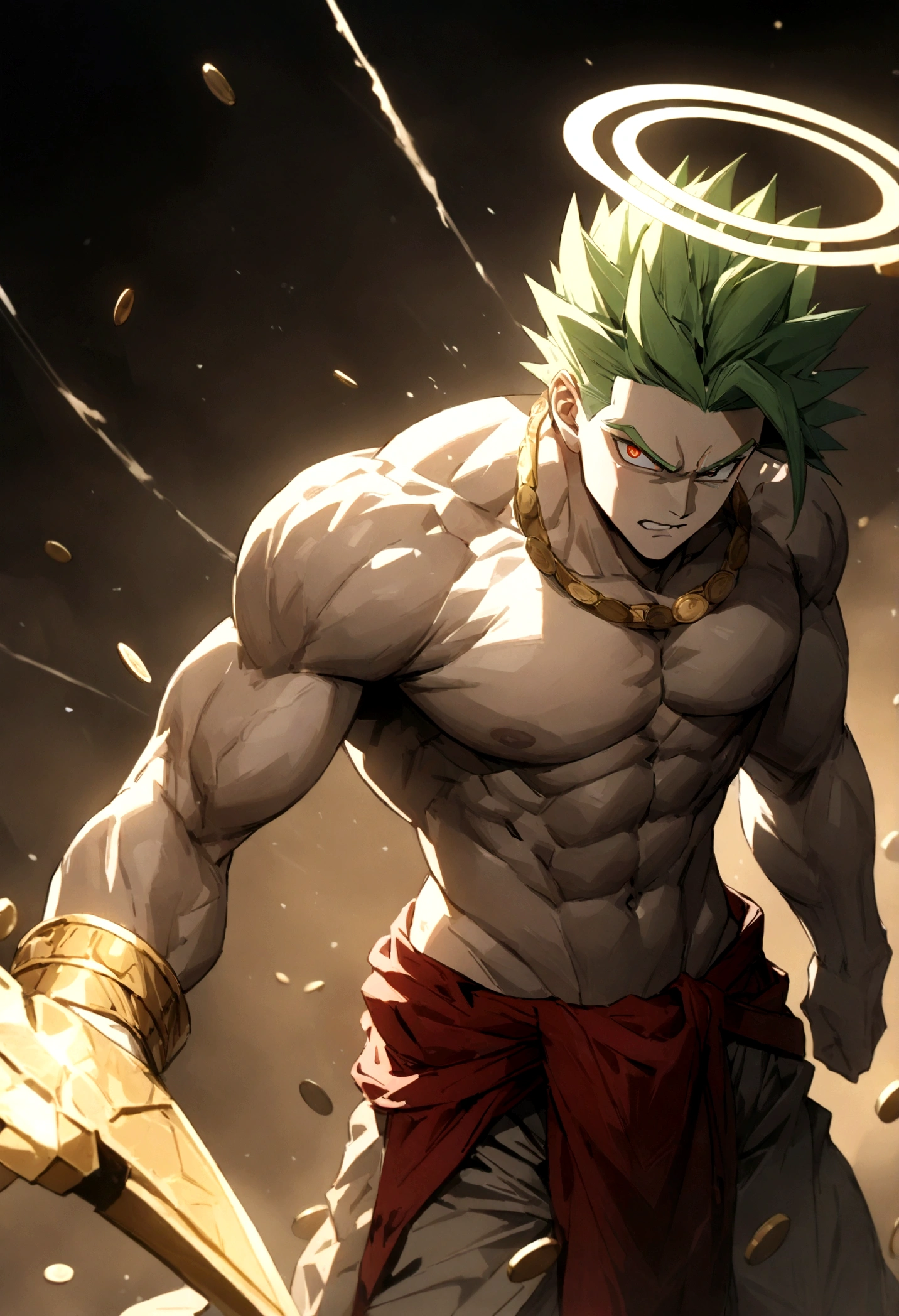 Gorgeous and luxurious、"(Best Quality,4K,8k,High resolution,masterpiece:1.2),Ultra-detailed,, Manga art wearing a headband、whole body、Forehead protector、Golden Mountain、Coin Rain、Golden Room、、male, Ivory skin, Thor、whole body、Wear a red loincloth around your waist、Green Hair、White trousers、Super Saiyan、Messy hair, green, spiky hair, sharp eyes, Grey Iris, Wear a black coat, Naked torso, Muscular body, Sports Body, Sharp jaw line, Glare, Cold and mysterious personality, whole body, Sports Body, 8k, detailed feature, Very handsome, Dreamy look, Bright lighting, 、Gives off an intense aura、Halo on your back、Medals Falling、Coin Rain
