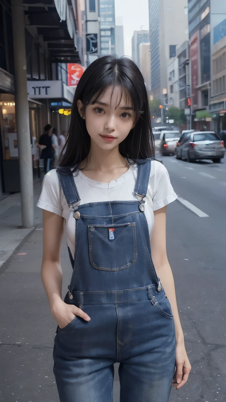 ((In the city:2.0)), ((Positive:2.0, Face the front of your body at the camera:2.0)), ((overalls:2.0)), (Clothing:2.0, overalls:2.0, sneakers:1.5), ((In the city:2.0)), ((A grin:1.2, Small breasts:1.5, slender:1.5, Small Ass:1.5)), ((Japanese, 1 Girl, 18-year-old, 7 heads, Ideal body proportions, Black Hair, With bangs, Small breasts, Erect nipples, slender, Small Ass, Beautiful feet, Skinny Legs)), Surrealism, Cinematic Lighting, Depth of written boundary, First Person View, Boobs F/1.8, 135mm, Ticker, Mastepiece, Curate, ((Anatomically correct:1.3)), Textured skin, Super Detail, High detail, High quality, Awards, Best Quality, High resolution, 8K