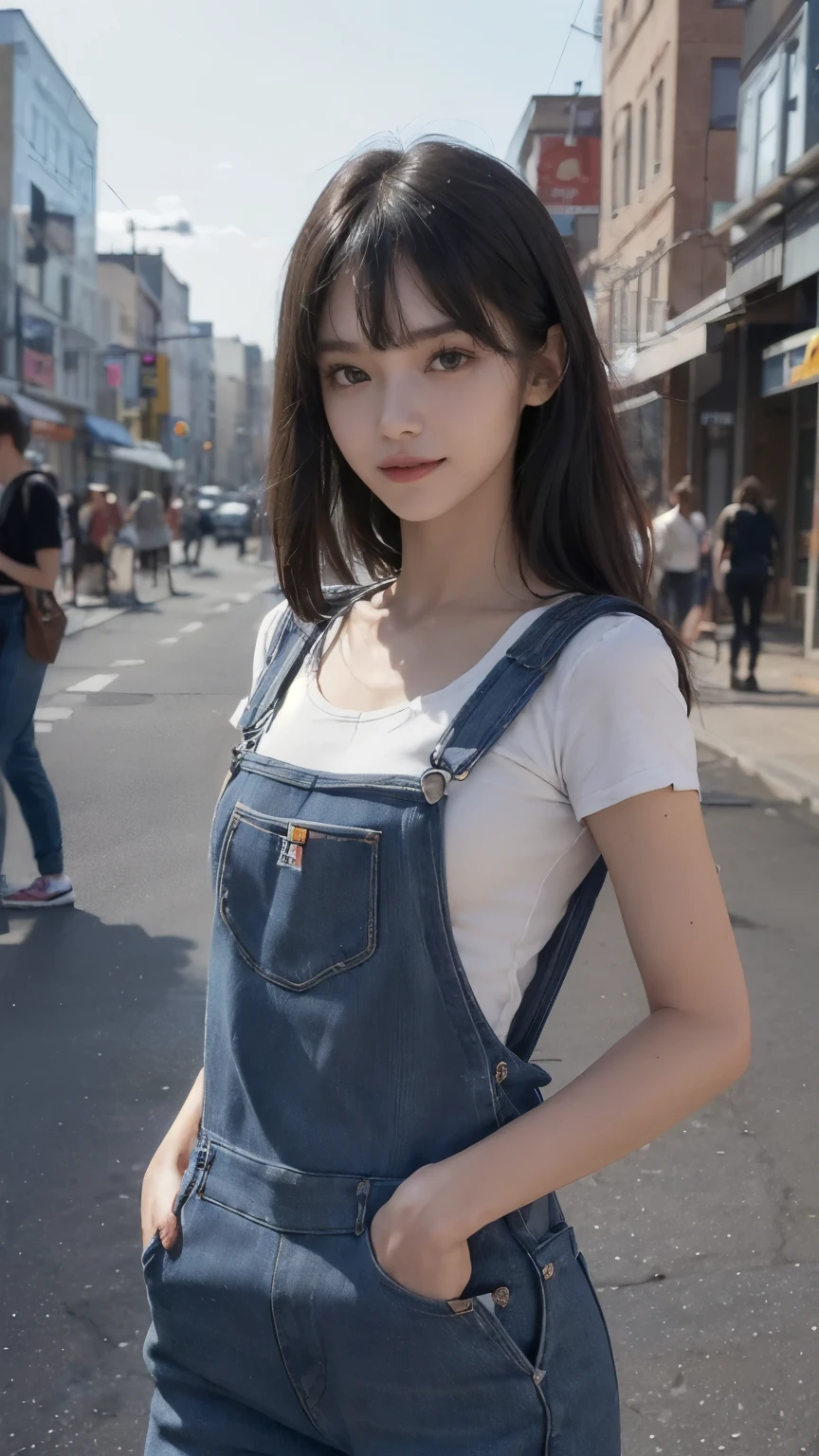 ((In the city:2.0)), ((Positive:2.0, Face the front of your body at the camera:2.0)), ((overalls:2.0)), (Clothing:2.0, overalls:2.0, sneakers:1.5), ((In the city:2.0)), ((A grin:1.2, Small breasts:1.5, slender:1.5, Small Ass:1.5)), ((Japanese, 1 Girl, 18-year-old, 7 heads, Ideal body proportions, Black Hair, With bangs, Small breasts, Erect nipples, slender, Small Ass, Beautiful feet, Skinny Legs)), Surrealism, Cinematic Lighting, Depth of written boundary, First Person View, Boobs F/1.8, 135mm, Ticker, Mastepiece, Curate, ((Anatomically correct:1.3)), Textured skin, Super Detail, High detail, High quality, Awards, Best Quality, High resolution, 8K
