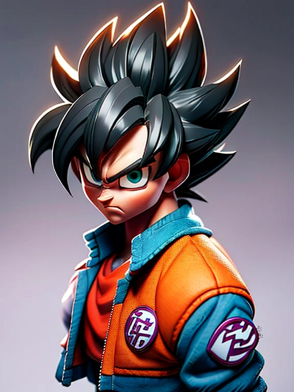 1man, solo, (masterpiece), best quality, ultra-detailed, Son Goku from Dragon Ball Z, super saiyan hair, Retro style, full body. fashion cloth, purple jean jacket, fancy, portrait, upper body, face detail, eyes detail: 1.3, simple background, green eyes, orange shirt, white background.
