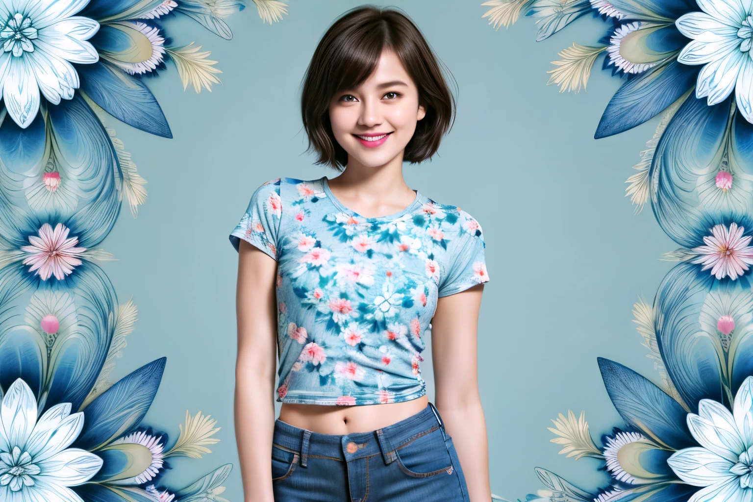 238 18-year-old female, short hair, (Jeans andT-shirt), A kind smile, lipstick, Abdominal muscles, (Floral Background、Fractal Patterns)