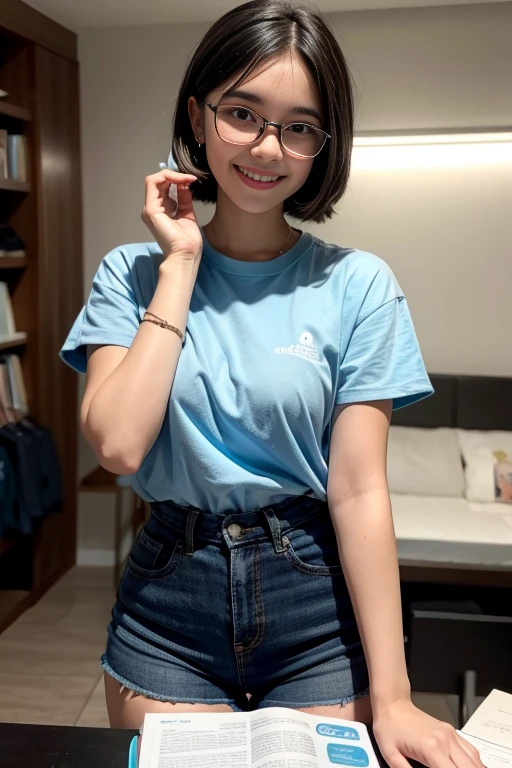 1girl, rounded glasses, big glasses, smiling, looking at the camera, short messy hair, dark-skinned, rounded eyes, cyan blue shirt, black shorts, close up, magazine shot, dynamic pose