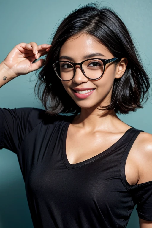 1girl, rounded glasses, big glasses, smiling, looking at the camera, short messy hair, dark-skinned, rounded eyes, cyan blue shirt, black shorts, close up, magazine shot, dynamic pose