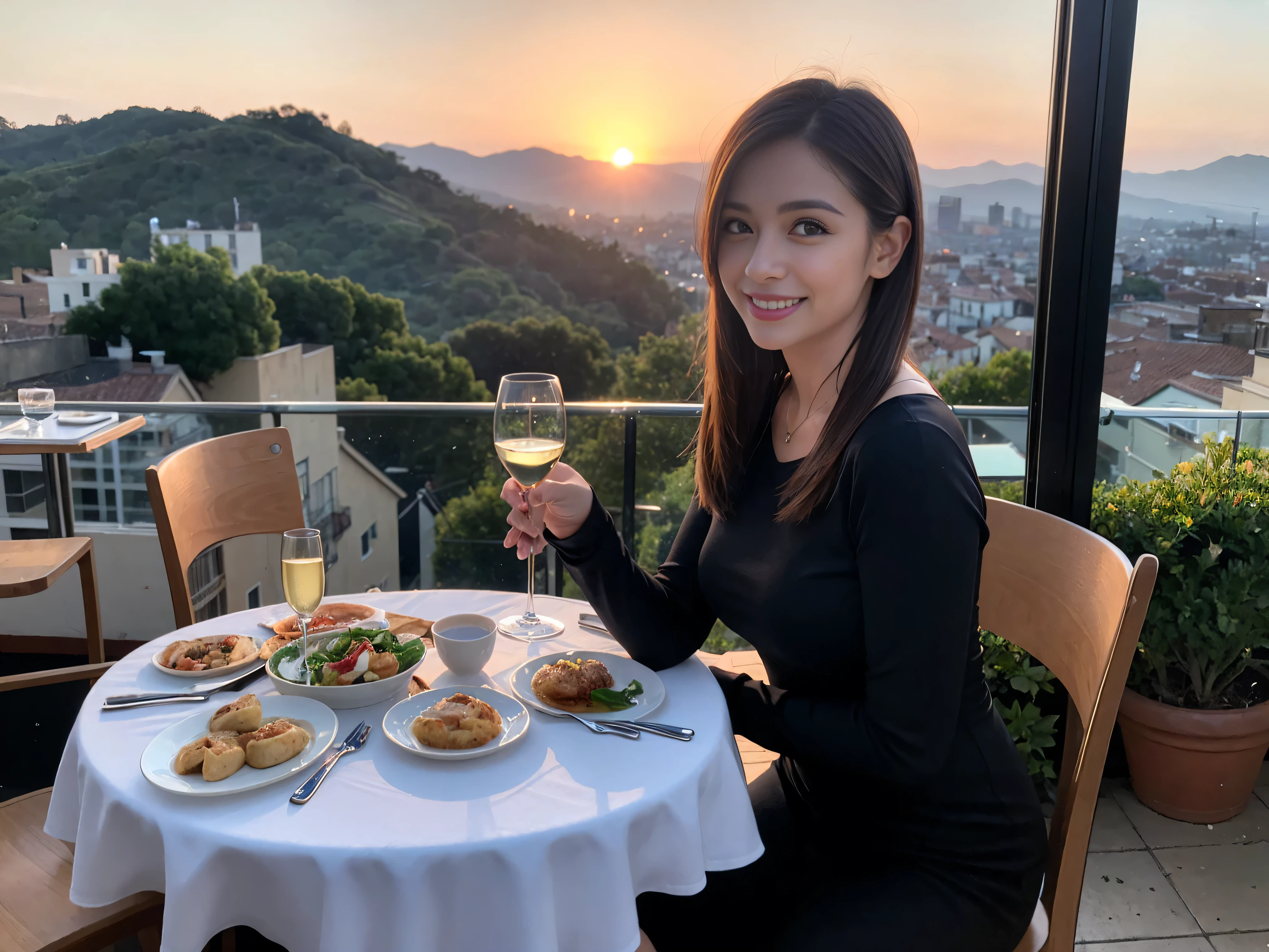 ((highest quality、8k、masterpiece:1.3))、1 male、1 female、lover、Beautiful couple、Smile、 (Slim face), (the body is スリム), (Brown Hair), (Shortcuts), ((Bob Hale、Straight hair:1.2)), Wine glass on the table、Please shine a light on my face、 Amazing view of the sunset sky and clouds、Amazing mountain views、The beauty of a smile、Bright image、Blushing, Shortcuts,Bright Face、 (Age 34), 39 years old, red wine 、Appetizers、Italian food、Wine bottle、Champagne、sparkling wine、Long sleeve shirt、dress、Attractive beauty、restaurant, Nova Frog Style, actress, model, Upper Body, White wine, red wine, wine glass,