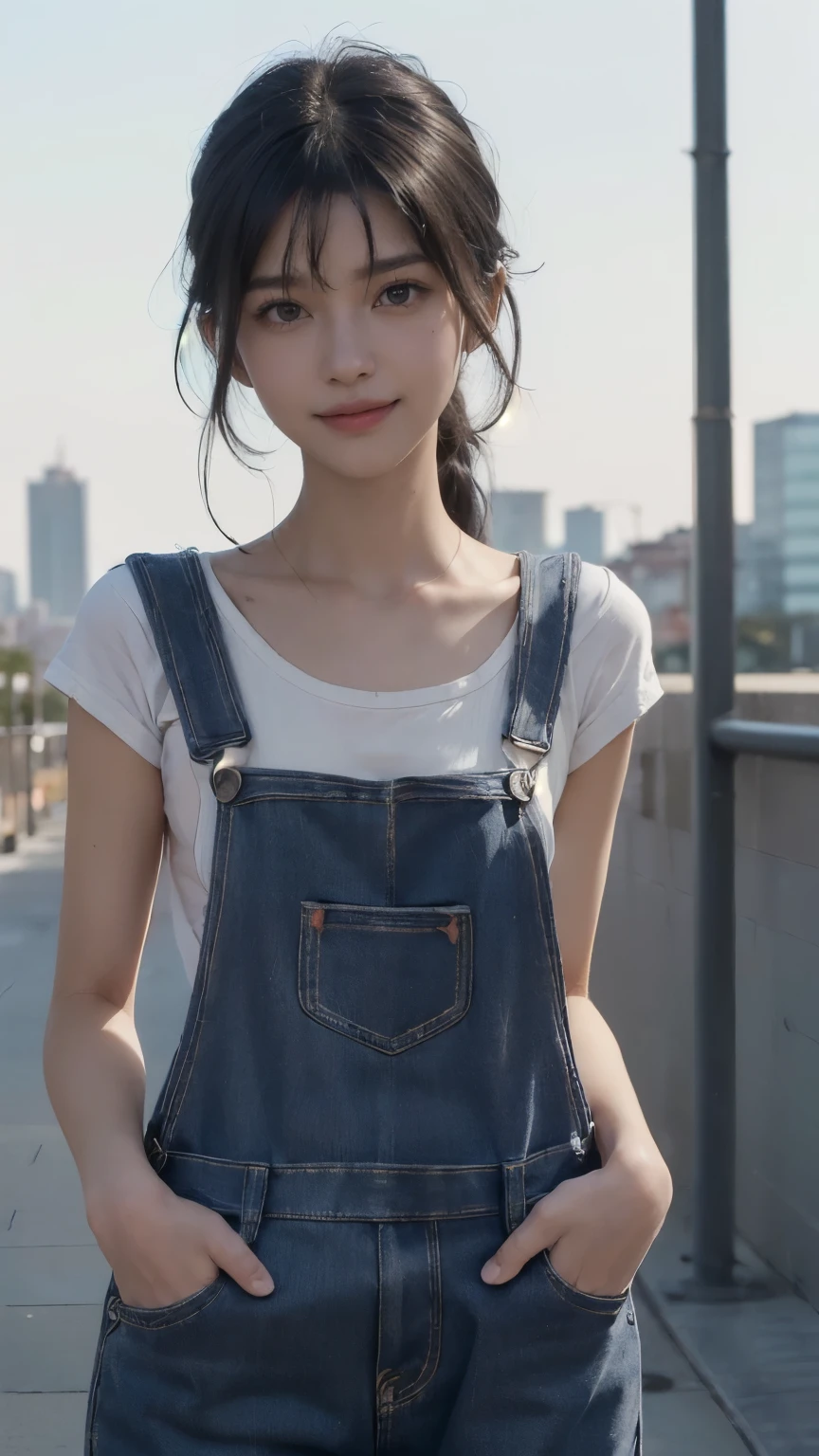 ((In the city:2.0)), ((Positive:2.0, Face the front of your body at the camera:2.0)), ((overalls:2.0)), (Clothing:2.0, overalls:2.0, sneakers:1.5), ((In the city:2.0)), ((A grin:1.2, Small breasts:1.5, slender:1.5, Small Ass:1.5)), ((Japanese, 1 Girl, 18-year-old, 7 heads, Ideal body proportions, Black Hair, With bangs, Small breasts, Erect nipples, slender, Small Ass, Beautiful feet, Skinny Legs)), Surrealism, Cinematic Lighting, Depth of written boundary, First Person View, Boobs F/1.8, 135mm, Ticker, Mastepiece, Curate, ((Anatomically correct:1.3)), Textured skin, Super Detail, High detail, High quality, Awards, Best Quality, High resolution, 8K