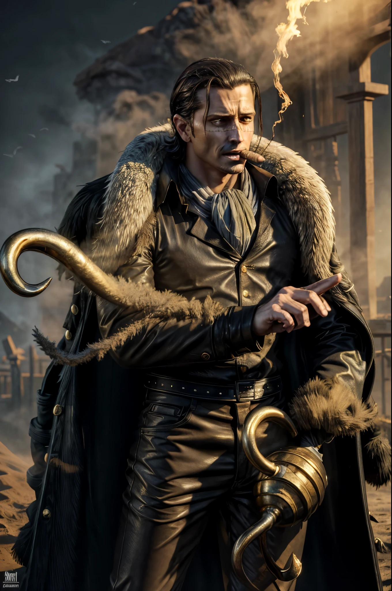 masterpiece, best quality, extremely detailed, hyperrealistic, photorealistic, a cool 40s man, ultra detailed face:1.2, fur-trimmed coat, scarf around the neck, his left hand is a golden pirate hook:1.1, in the night, nightmarish, mystical fog, smoke, desert, piles of weapons on background, outraged, dynamic pose, cigar