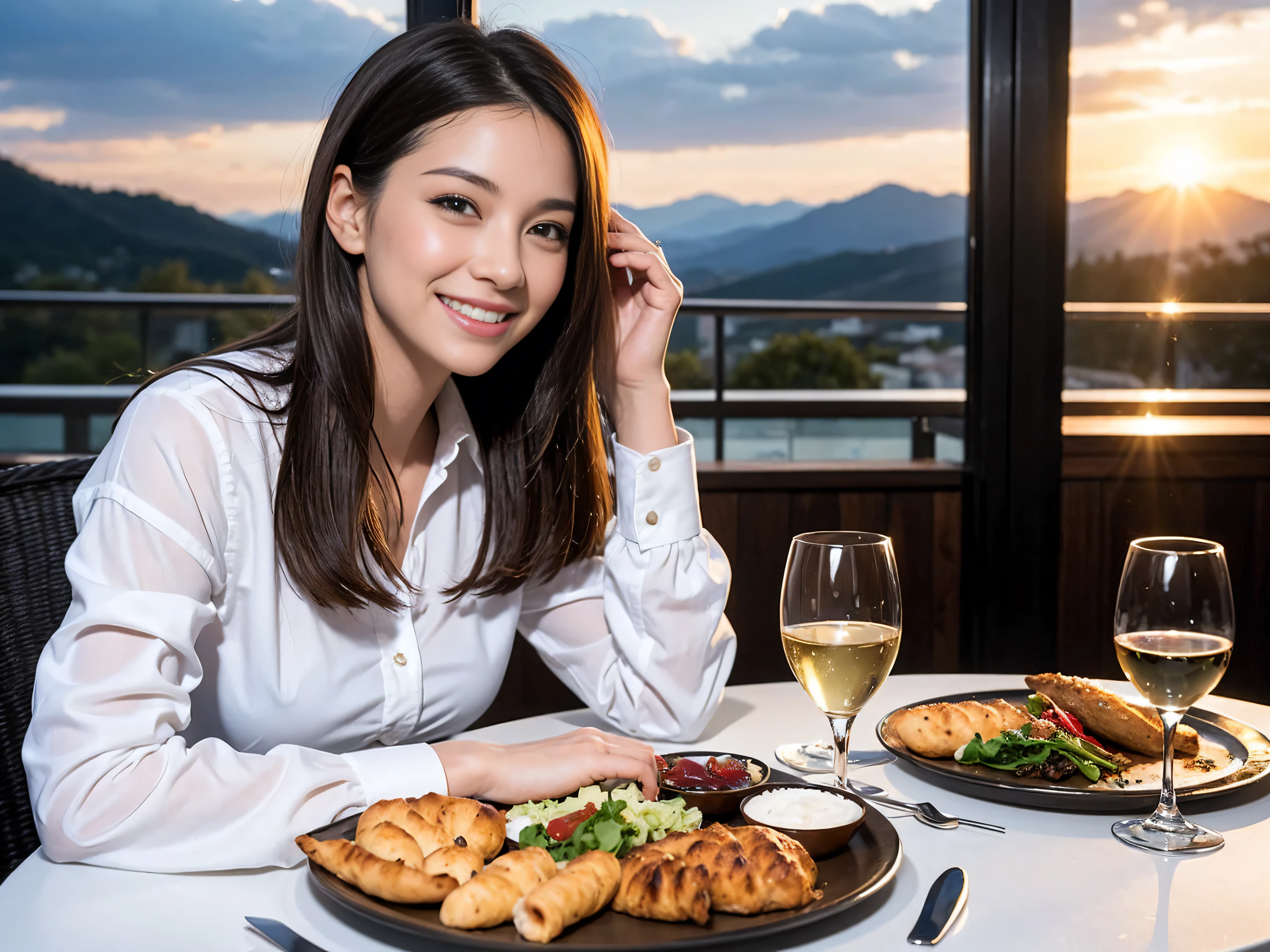 ((highest quality、8k、masterpiece:1.3))、1 male、1 female、lover、Beautiful couple、Smile、 (Slim face), (the body is スリム), (Brown Hair), (Shortcuts), ((Bob Hale、Straight hair:1.2)), Wine glass on the table、Please shine a light on my face、 Amazing view of the sunset sky and clouds、Amazing mountain views、The beauty of a smile、Bright image、Blushing, Shortcuts,Bright Face、 (Age 34), 39 years old, red wine 、Appetizers、Italian food、Wine bottle、Champagne、sparkling wine、Long sleeve shirt、dress、Attractive beauty、restaurant, Nova Frog Style, actress, model, Upper Body, White wine, red wine, wine glass, 