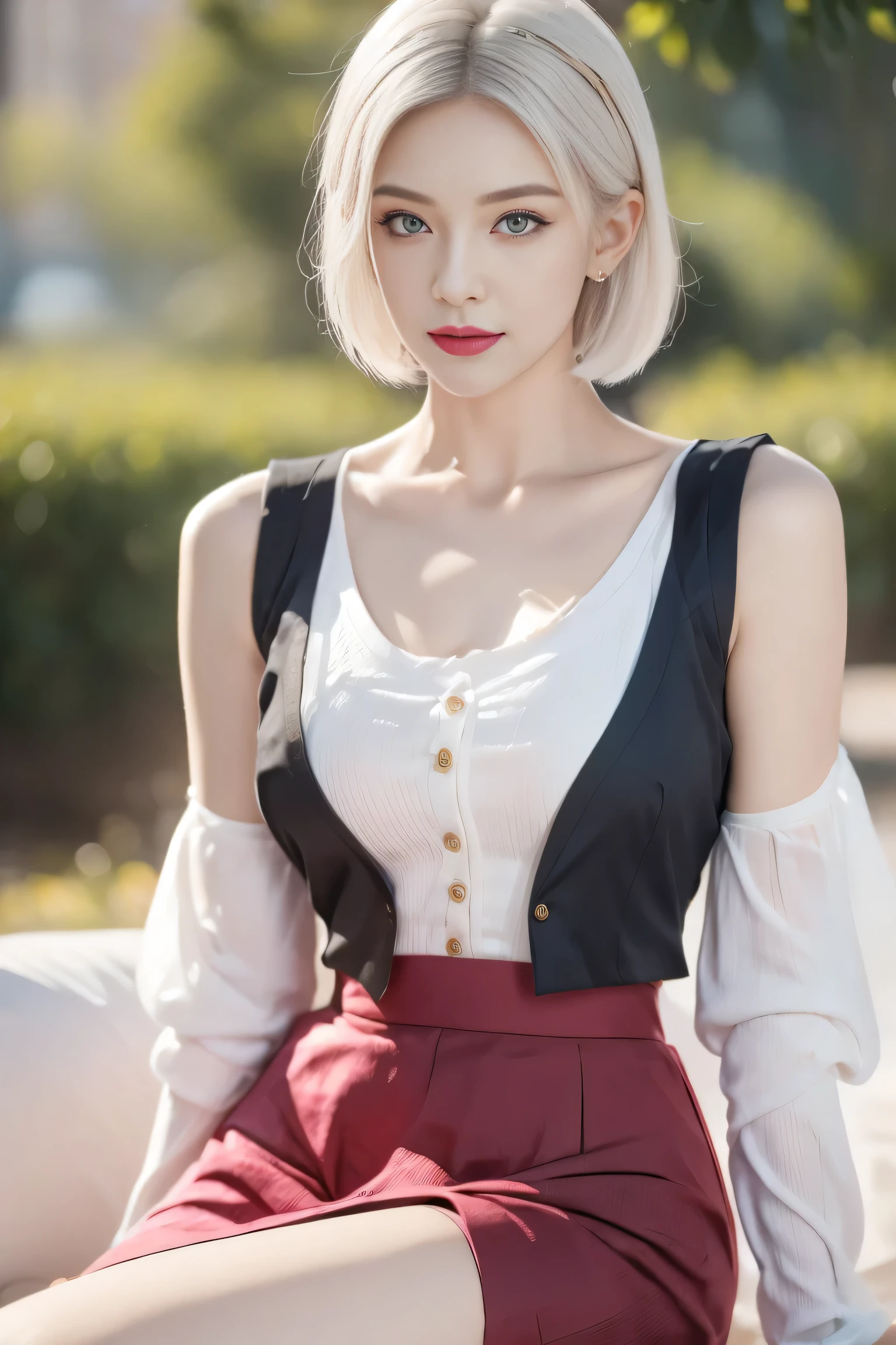 Girls, White hair, short hair, Yellow Eyed, Small Breasts, cat hair accessories, Side lock, White hair, shiny hair, , (Golden Eyes: 1.2), (There are two long triangle extensions on the skirt, Abdominal vest), White buttons for vest corset, (Wear a short-sleeved striped shirt under the vest), (The sleeves end close to the arms), (There is a thick black ribbon around the neck), ( Magenta skirt),