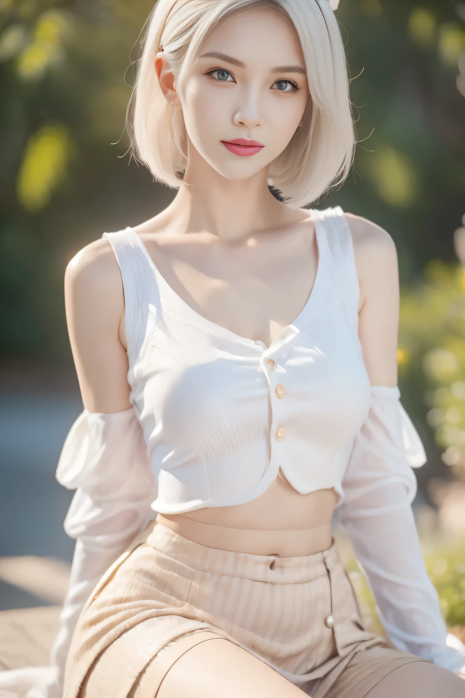 Girls, White hair, short hair, Yellow Eyed, Small Breasts, cat hair accessories, Side lock, White hair, shiny hair, , (Golden Eyes: 1.2), (There are two long triangle extensions on the skirt, Abdominal vest), White buttons for vest corset, (Wear a short-sleeved striped shirt under the vest), (The sleeves end close to the arms), (There is a thick black ribbon around the neck), ( Magenta skirt),