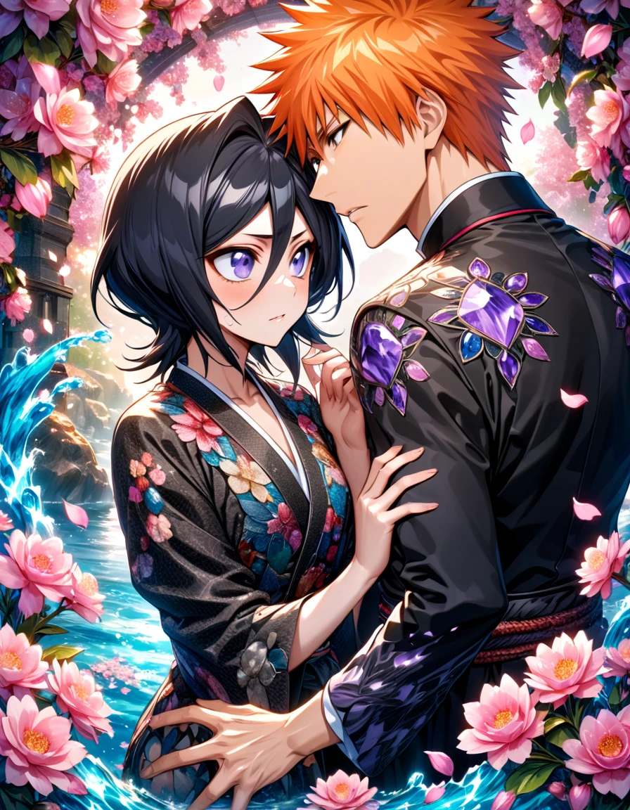 Ultra detailed, highres, absurdres, HDR, master piece, Kurosaki Ichigo, orange hair, expressive brown eyes, Kuchiki Rukia, black hair, expressive purple eyes, black clothes with patterns, Bleach, fantasy, petals, blossoms, pink flowers, water, a handsome man together with a beautiful woman, sexy, couple, love, magic, best quality, extremely detailed face and eyes,