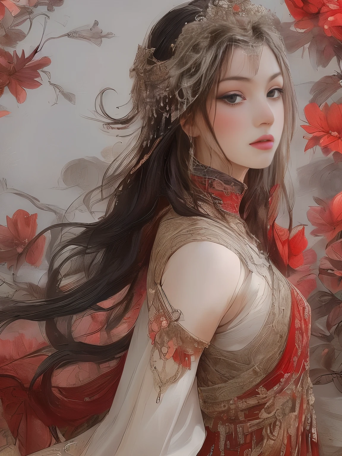 Yoshitaka Amano's painting style, Beautiful girl with long white hair, Fair skin, And red eyes, In the woods with cinematic lighting, It's dark and there is little light. She is wearing a golden white dress, Her eyes were focused, Looking at the audience. Her skin is white, Her face was delicate and perfect., Huge firm bouncing breasts, masterpiece, Top quality artwork. This image is an incredibly detailed 8K CG wallpaper., Cinematic tones with artistic cinema lighting and neutral filters