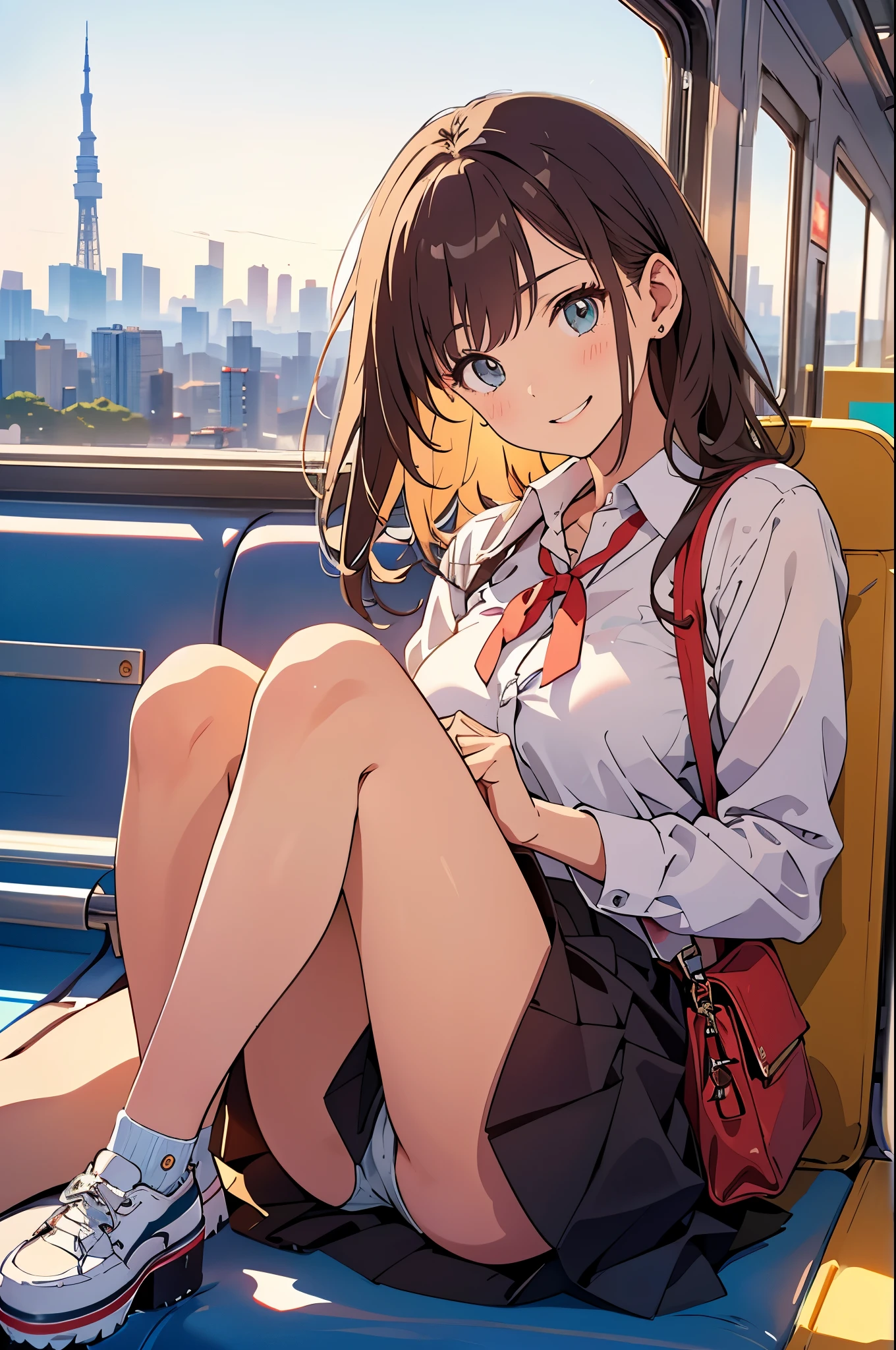School bag、uniform、age woman standing on the platform of a modern train station in Tokyo、She has long dark brown hair、She is wearing a white shirt with long sleeves rolled up and a black skirt.。A red ribbon is tied around the collar of the white shirt.。She tilted her head slightly、Smiling and playful expression。A train is approaching in the background.、The platform has a clean and modern design.、I can see the clear blue sky、The white sunlight of 11am is streaming in.。The atmosphere is bright and lively、The woman is at the center of the image。There are green plants in the background、Adding a natural element to the urban landscape。The shirt shows through and the underwear is visible、Big Breasts、F cup bust、Her white pants are barely visible、Cute Face、Sexy pose、Beautiful thighs、Best Beautiful Legs、((((1 person、Get up close and take a photo、Beautiful views、A composition with depth、Buildings of Tokyo in the background、Hold both legs、The spotlight hits the girl&#39;s leg、The spotlight hits the girl&#39;s face))))