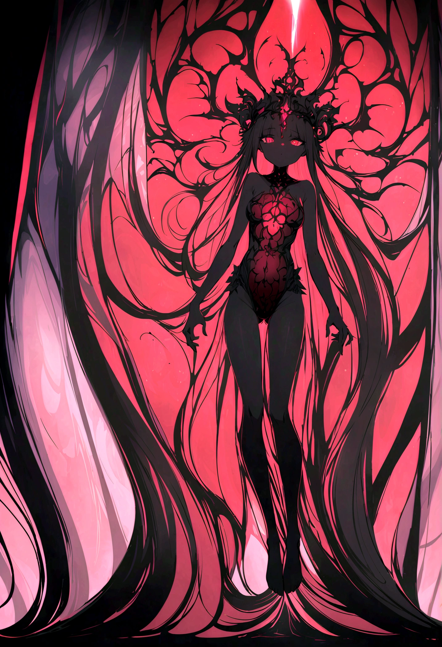 (in style of John Bauer:0.8),in style of Ashley Wood,in style of Lillian Bassman, 1girl,(black silhouette body:1.2),translucent arms,it was as if there was a nebula swirling in it,(nebula's glowing arms:1.3),black_background,character cutout,red eyes,(red stained glass:1.5), BREAK Detailed,(darkness:1.4),(very detailed shadows:1.3),absolute shadows,absolute darkness, anatomical correct：2，xill