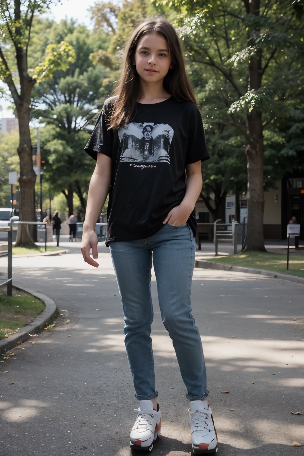 brunette girl, 11 years old, with brown hair and eyes, wearing jeans and a black t-shirt, rollerblading on a mini ramp located in a park full of large trees, on a sunny day.
