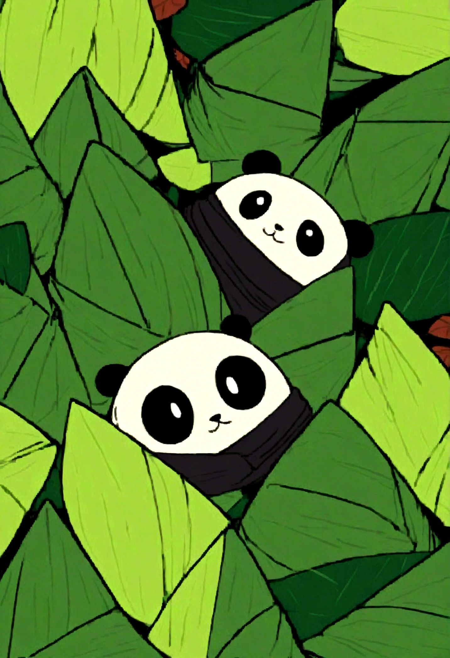A panda-shaped zongzi, made of glutinous rice, has a cute expression, the lower half of the body is wrapped in tapered leaves, the head sticking out of the leaves, equidistant, cartoon-style, Macro Lens, studio light, bold color scheme