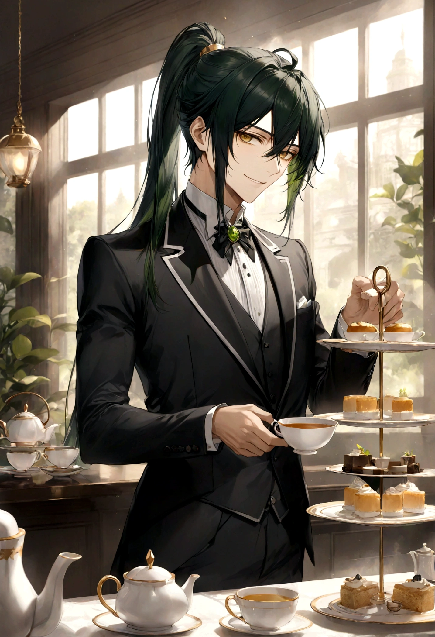 ((top-quality)), ((​masterpiece)), ((ultra-detailliert)), (extremely delicate and beautiful), handsome man, dark green hair, long straight hair, high ponytail hairstyle, golden eyes, serene expression, graceful smile, wearing black butler suit, serving tea, tearoom background