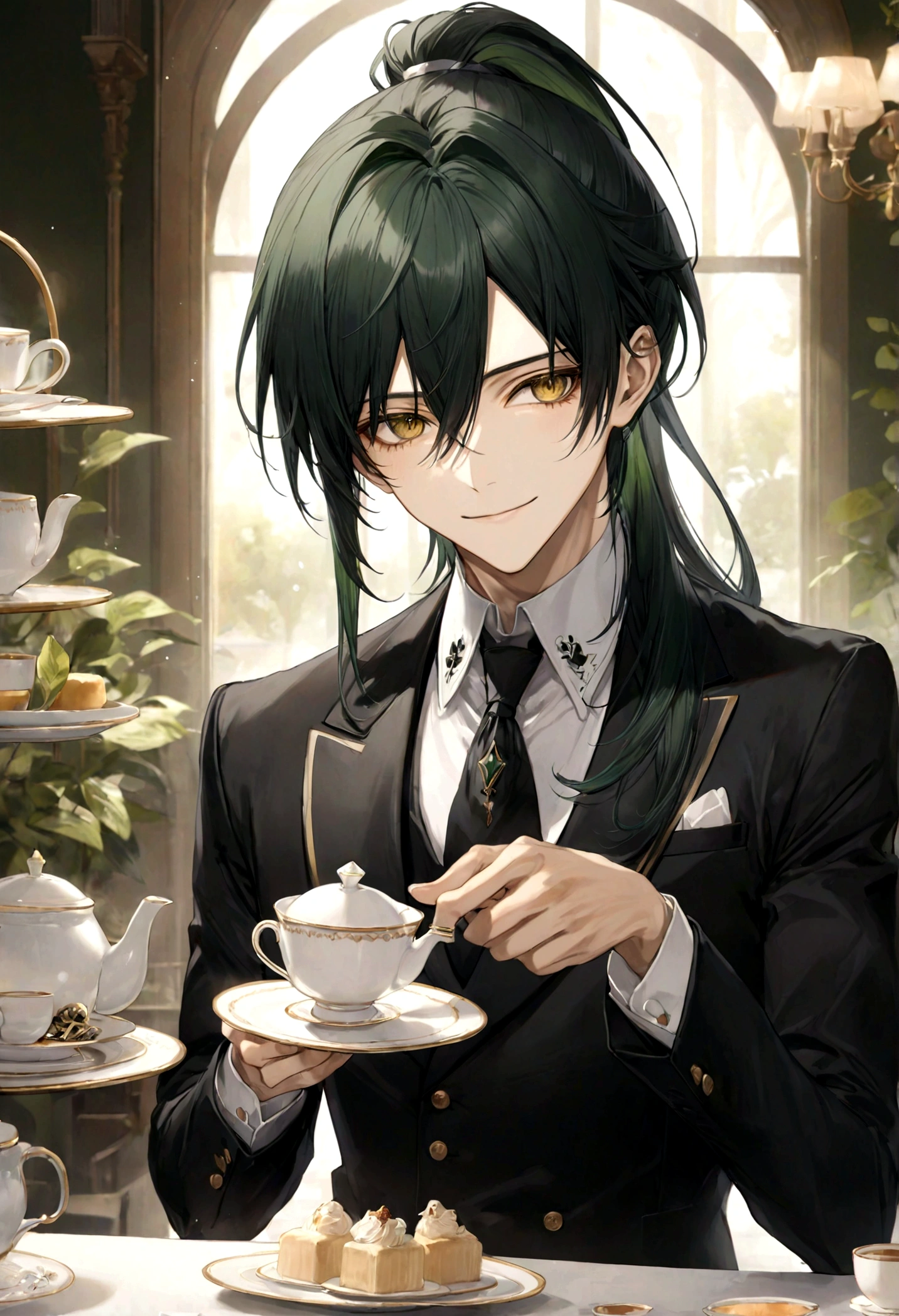 ((top-quality)), ((​masterpiece)), ((ultra-detailliert)), (extremely delicate and beautiful), handsome man, dark green hair, long straight hair, high ponytail hairstyle, golden eyes, serene expression, graceful smile, wearing black butler suit, serving tea, tearoom background