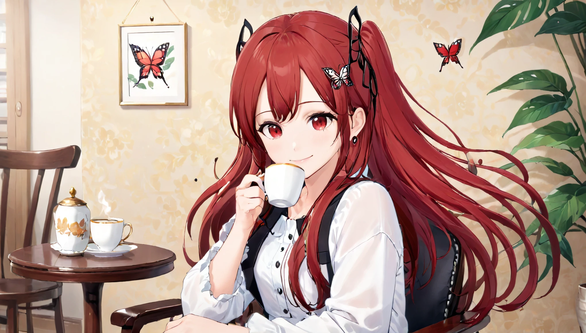 2d anime style, a woman smiling, long red hair, sitting on a chair holding a cup of coffee, butterfly clip in her hair.