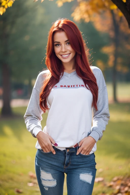 Beautiful realistic swiss girl with beautiful detailed and toned body with red hair dressed in sweatshirt and ripped jeans and smiling sexy