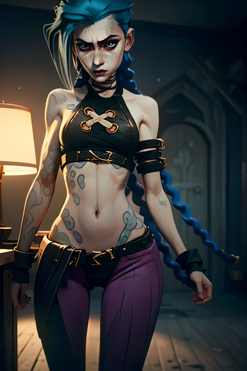 Full body, A girl, in full height (Body Full 1.1), Fantasy City, Standing in a fighting posture, holds his fists, palms clenched into fists, close up face, facial focus, enthusiasm, closeup face, glow in the dark paint, Dark tones, Dark blue background, Arcane style, Arcane's Jinx (character design 1.1.), very long blue braids, two very long tails of hair, Very detailed. Anime style, The secret of animation, gloomy composition, The Gloomy Room, luminescent paint on the walls, drawings on the walls, glowing pink eyes (highly detailed glowing pink eyes, pink pupils 1.1), Pink pupils, very detailed eyes, Beautiful figure, a 1girl, Beautiful figure (Proper Anatopy 1.1.), Slender figure, shapely legs, Blue hair, hairlong, Skinny black leather pants, Very detailed face, Very beautiful face, Very sexy ass, in full height (Body Full 1.1), small elastic breasts, Little ass, Beautiful slim figure, small buttocks, black tight suit, tmasterpiece,beste-Qualit,higly detailed,Visible to the feet, 8K resolution, teenage girlder