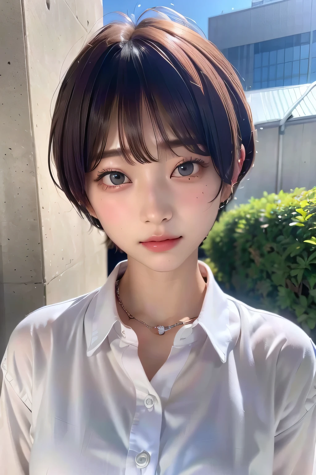 (highest quality:1.3)、(Masterpiece:1.4)、Raw photo、8K、((Best image quality))、 ((High resolution))、Beautiful face in every detail、Realistic human skin、Gentle expression、(Cute natural anime face)、(One Woman:1.3)、Realistic、Photorealistic、short hair、(Beautiful woman)、((Cool Japan girl))、(boyish:1.3)、mannish、((Beautiful woman))、(Beautiful Hair)、((Dark brown hair))、(Blushing:1.5)、(Fashion Model:1.3)、(Every woman admires her face:1.3)、((Her eyes are big))、20 year old beauty、(Small face)、Small Head、((Long neck))、(High school girls)、uniform、(Japanese high school uniform)、(High school girlsのuniform)、((White button-up shirt))、(A shirt with a wide open chest)、Collared shirt、(necklace)、(The aspirations of young people)、((The center of attention in school))、everyone will love her、You can almost see your cleavage