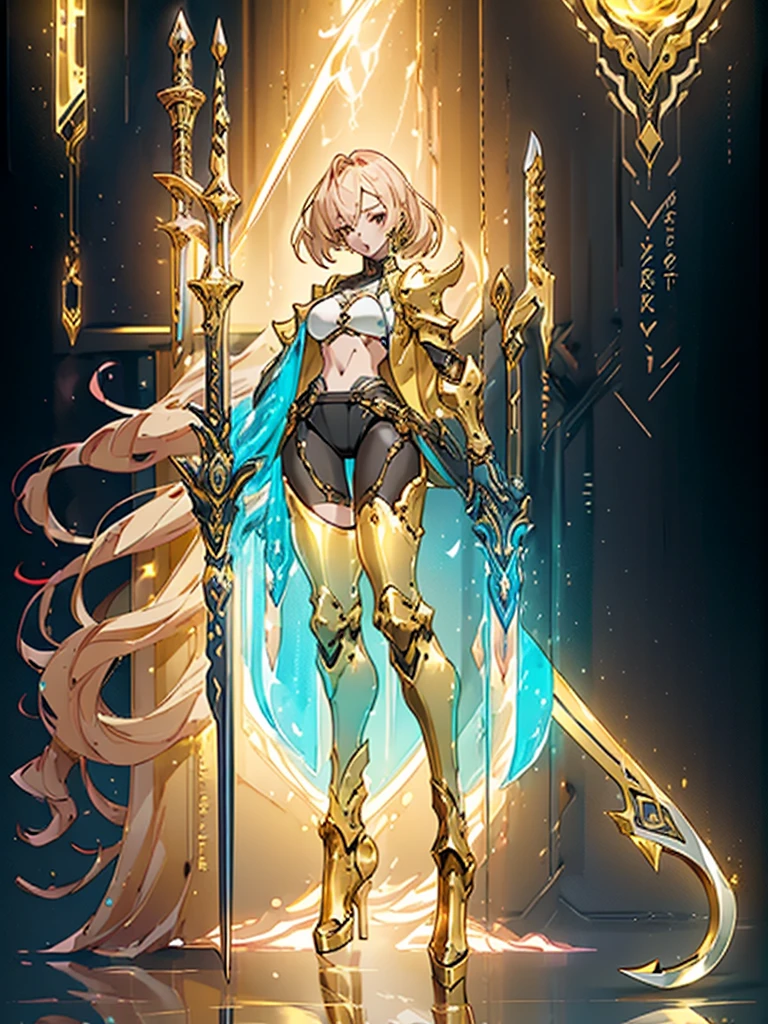 Design a layout showcase Gaming character, ((1girl)), sorcerer:1.2, Golden+Purle clothes, stylish and unique, ((showcase weapon:1.4)), magic staff, (masterpiece:1.2), (best quality), 4k, ultra-detailed, (Step by step design, layout art:1.5), (luminous lighting, atmospheric lighting), Final Fantasy style, magican, ((glove full hands)), fran, viera, (((revealing clothes:1.3))), vambraces, armored legwear, (((full_body_shot:1.4))), Niji, back_view, T_pose