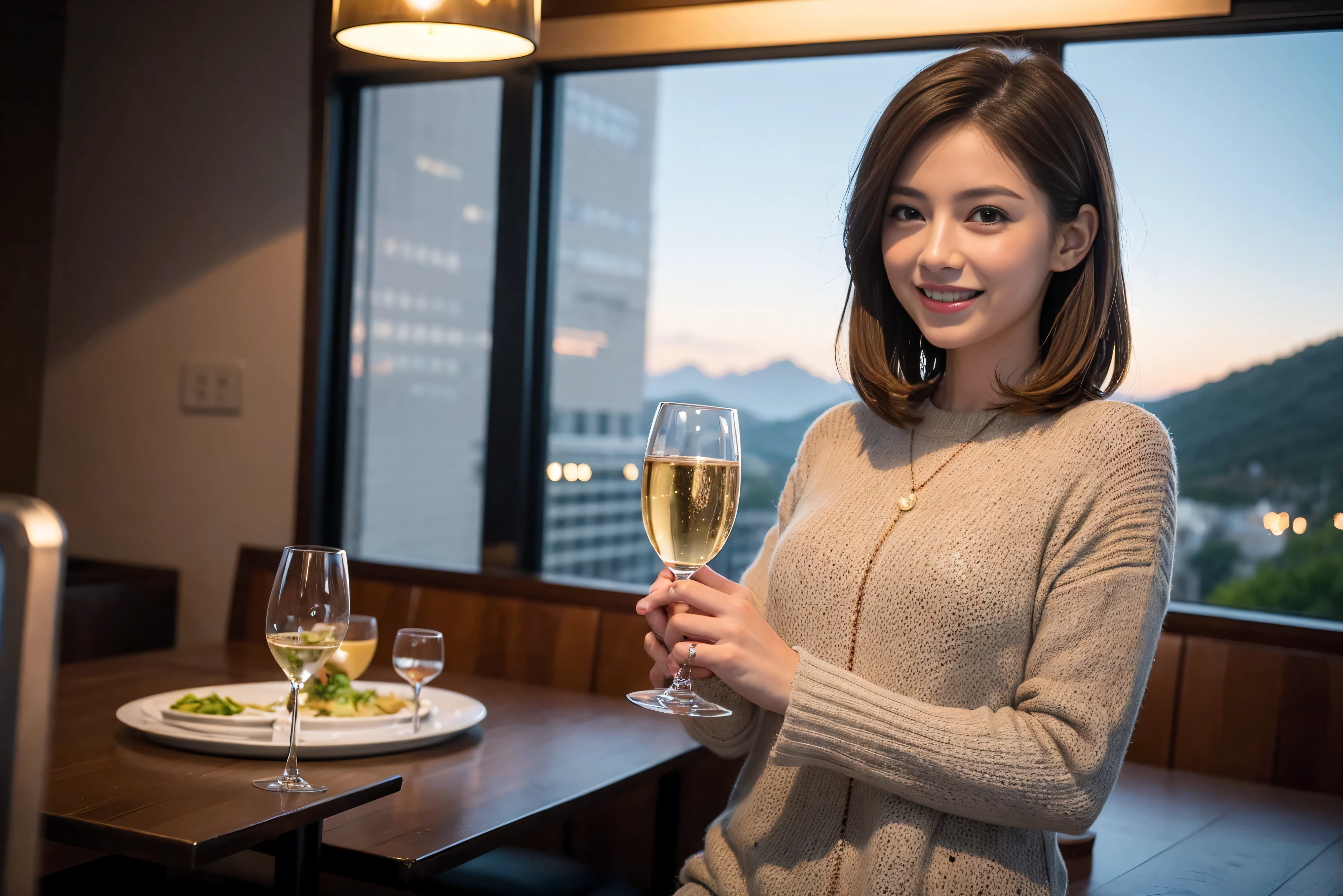 ((highest quality、8k、masterpiece:1.3))、1 male、1 woman who resembles Satomi Ishihara、Couple、Spouse、Couple、The body is slim、((Bob Hale、Straight hair:1.2)), (Realistic, Intricate details:1.2), Wine glass on the table、Shine light on your face、 Amazing view of the sunset sky and clouds、Amazing mountain views、A bright smile、The wonderfulness of smile、Bright image、The beauty of wine, Beautiful Face, blue eyes, The light shines on your face, Blushing, short hair,Bright Face、 (42 years old), 39 years old, red wine 、Appetizers、Italian food、Wine bottle、Champagne、sparkling wine、Two beauties、Brown Hair、Shortcuts、Long sleeve shirt、dress、Pretty Woman 1, (Slim face), (The body is slim), (Brown Hair), (Shortcuts), cheeks turn a little red,Attractive beauty、restaurant, In a prominent place (From the waist up) Nova Frog Style, actress, model, Upper Body, White wine, slim, wine glass, A wine glass placed in the center, smile, (smile: 1.15), Beautiful fine grain, Depth f/2,saturation, High Contrast, Strong light and shadow,Moist Body:1.5、3D texture、Delicate eyes、Brown Hair、The hair is very shiny、