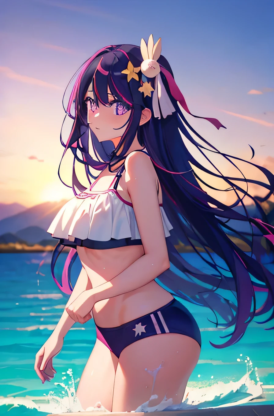 1girl, Hoshino Ai, Long hair, purple hair, Streaked Hair ,violet eyes, star-shaped pupils, hair ornament, (tmasterpiece), (beste-Qualit), (overdetalization),(messy hair),(illustartion), (a 1girl), stands, Model, looks at the viewer, (interview), (Simple background), beautiful detail eyes, Gentle beautiful face, soaring, (high saturation), (Colorful splashes), Colorful Bubble, (radiance), facial focus, (radiance), better lighting, better shadow, (tmasterpiece, hiquality, beste-Qualit), Happy, super happy, big breast, sports bra, sexy, hot, big breast, cleavage , summer outfit, bikini, swim suit, she is playing guitar