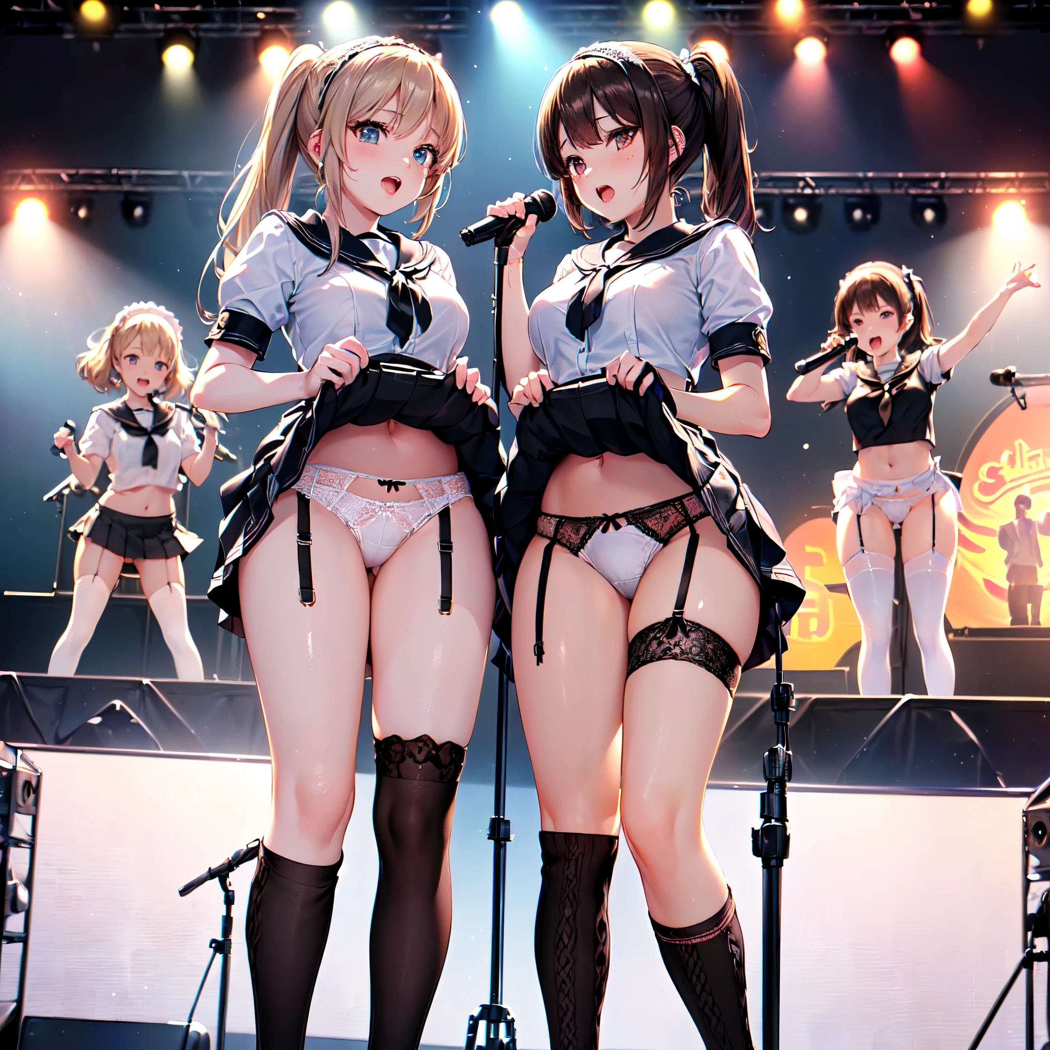 (((masterpiece, highest quality, High resolution, 超High resolution, Perfect Pixel, Depth of written boundary, 4K, RTTX 10.0, High resolution))), (Three adult women:1.3), Beautiful Anime Woman, Beautiful art style, Anime characters, ((Long Hair, bangs, Dark brown hair, Various hairstyles, ponytail, Twin tails)), ((Beautiful eyelashes)), ((Detailed face, blushする:1.2)), ((Smooth texture, Realistic texture, Anime CG Style)), Perfect body, (Slender body:1.3), Beautiful and big breasts, Exact finger count、Exact number of legs、Exact number of arms, (blush:1), (The three women are standing side by side singing and lifting their skirts:1.8), (Maid Headband, Fashionable white shirt, Sailor collar, (garter belt:1.2), (Black knee socks:1.4), High heels, Pleated mini skirt:1.4), Realistic, highest quality, High resolution, 非常にDetailed face, Perfect lighting, Extremely detailed CG, (Perfect hands, Perfect Anatomy), Embarrassed expression, (Outdoor Stage, Live Performance Venues, On Stage, Audience in the background, Spectators in the foreground:1.5), Stage lighting, whole body, ((Stylish shiny satin panties, Stylish lace side-tie panties, With black trim,White panties, 豪華な装飾のあるWhite panties:1.3)), Angle from the front、(Beautiful and thin thighs:1.3), Feeling embarrassed, (Sing on a mic stand:1.7)