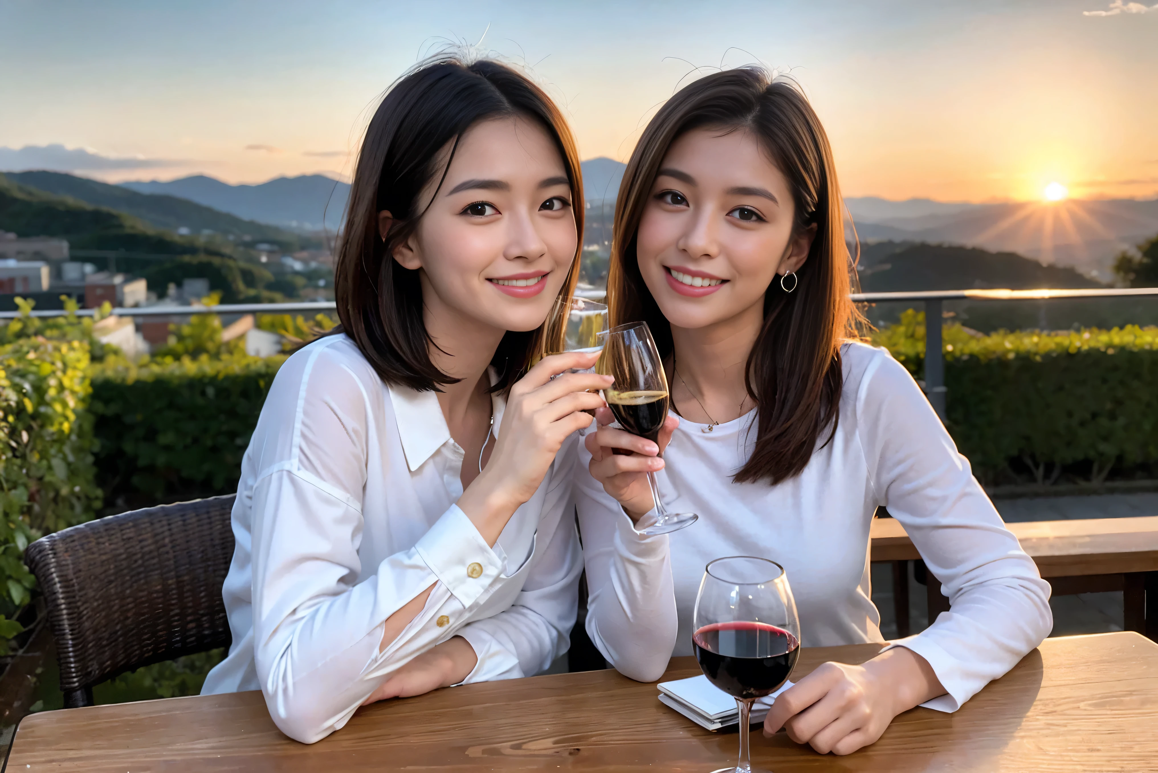 ((highest quality、8k、masterpiece:1.3))、1 male 1 female、Lovers、beautiful couple、Japanese couple、Happy Smile、 (Slim face), (The body is スリム), (Brown Hair), (Shortcuts), ((Bob Hale、Straight hair:1.2)), Wine glass on the table、Please put light on my face、 Amazing view of the sunset sky and clouds、Amazing mountain views、The wonderfulness of smiles、Bright image、Blushing, Shortcuts,Bright Face、 (36 years old), 39 years old, red wine 、Appetizers、Italian food、Wine bottle、Champagne、sparkling wine、Long sleeve shirt、dress、Attractive beauty、restaurant, Nova Frog Style, actress, model, Upper Body, White wine, red wine, wine glass, 