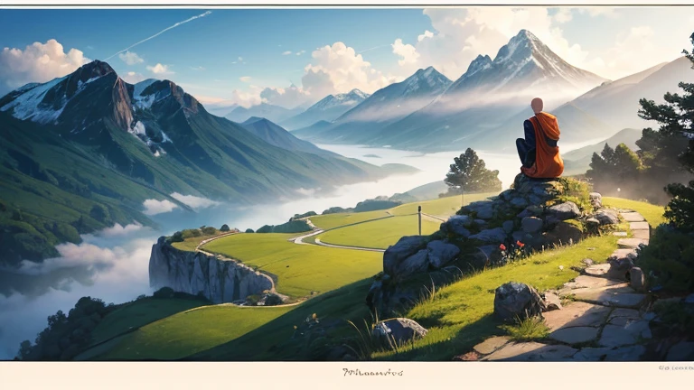 a buddhist monk climbing a mountain,oil painting,Paisaje sereno,Serene and peaceful environment,misty mountain peaks,Meditative atmosphere,antiguo templo escondido en los picos,Soft morning light,Birds flying in the sky,tonos amarillos y naranjas,tonos sutiles de verde y azul,calm river flowing under the mountain,pinceladas delicadas,Calm and serene expression on the monk&#39;s face.,bata ondeando en el viento,terreno rocoso y acantilados escarpados,Altos pinos que salpican el paisaje.,small waterfalls falling down the mountain,Solitude and introspection,stunning view from the top of the mountain,majestuosas nubes y niebla que envuelven la escena,viaje sublime y espiritual,highest quality paint,ultra detallado,realistic representation