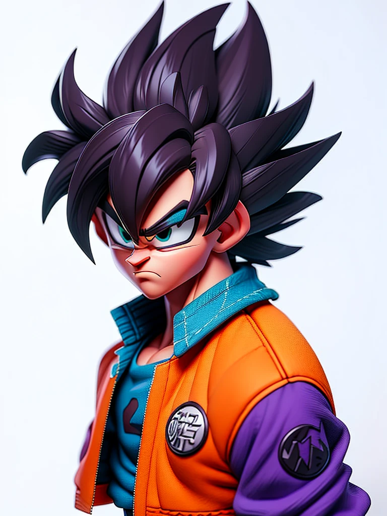 1man, solo, (masterpiece), best quality, ultra-detailed, Son Goku from Dragon Ball Z, super saiyan hair, Retro style, full body. fashion cloth, purple jean jacket, fancy, portrait, upper body, face detail, eyes detail: 1.3, simple background, green eyes, orange shirt, white background.
