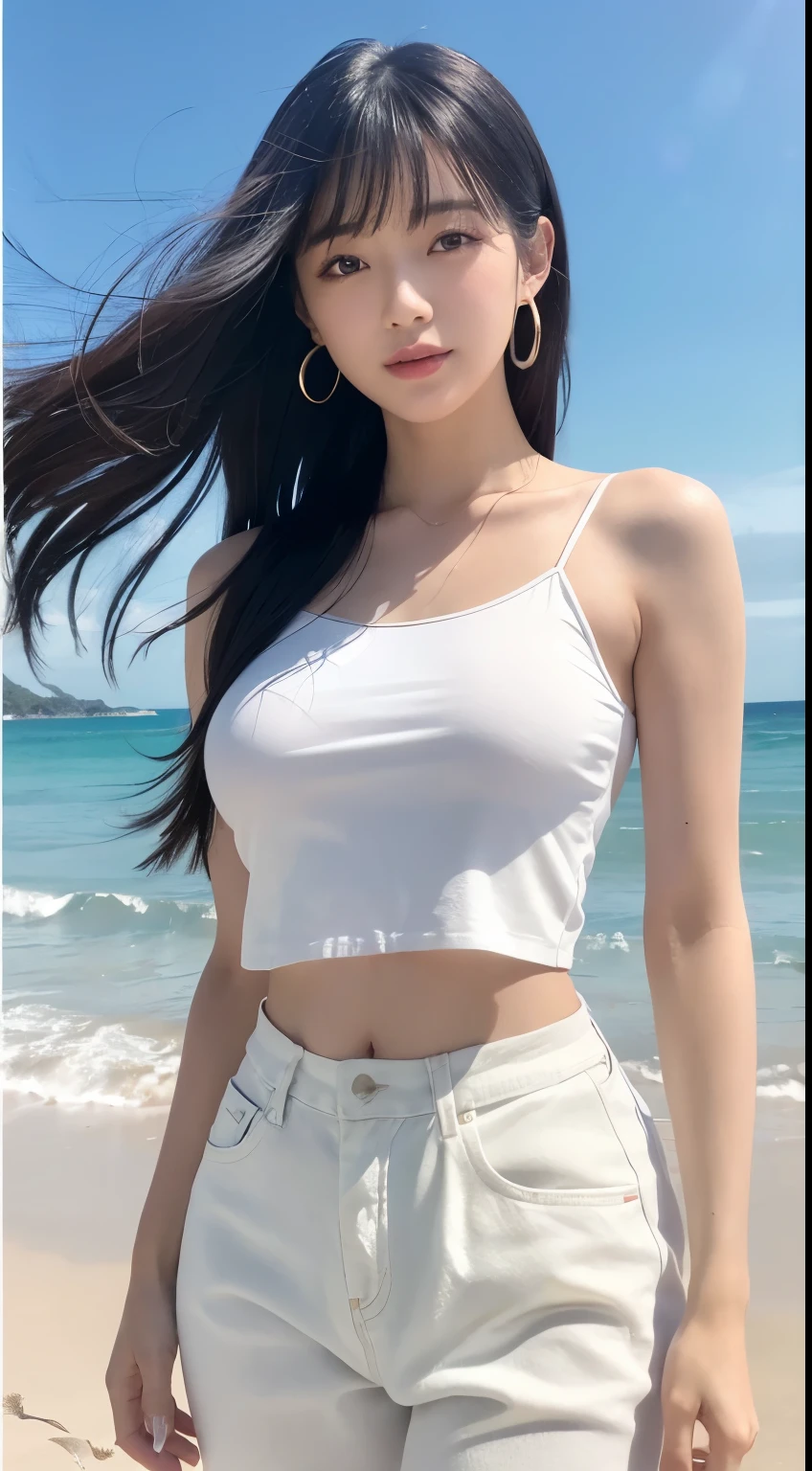 (logo、masterpiece、8k、Tabletop、RAW Photos、wonderful、最high quality、Photorealistic and Very detailed CG integrated 8k wallpaper、high quality、Very detailed、Narrative poem、Particle Effects、Dynamic Effects、Written boundary depth、Cinematic Light、Lens flare、Ray Tracing)、Fantasy、 (One beautiful woman、White pants、White T-shirt、White tube top、White crop top、Black-haired、Beautiful Face、True Face、Beautiful details、eye、Beautiful Skin、Ultimate Body、glamorous)、私の髪はWindに舞う、Hair flutters in Wind、Hair bounces、Seaside、wonderful景色、Coastal、sunrise、Sun in the background、Wind、Beach