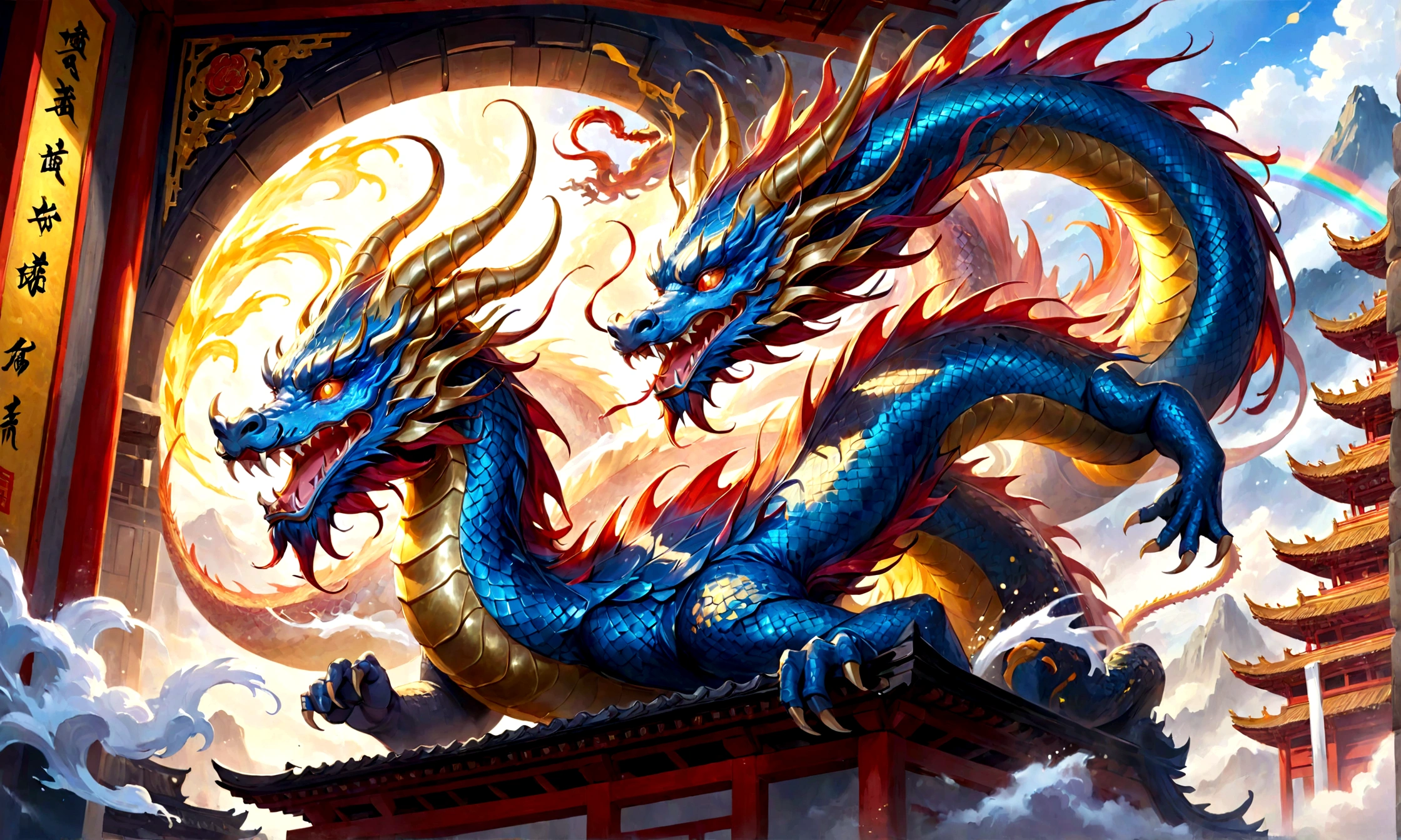 Golden Dragon。Rainbow glowing scales。Dragon God Advent。Golden Splash、intergalactic、Deities々Right, Mythical creatures,Chinese Dragon,Traditional Chinese Elements,Ancient murals,Examples of myths,The Legend of Fuyao,Spotted Light,Hazy haze,Mysterious Aura,masterpiece,Kich in color,Detailed explanation,Seven Colors