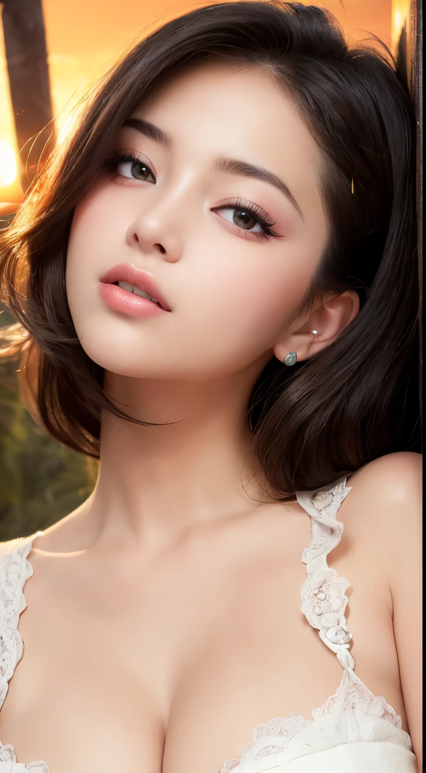 masutepiece, Best Quality, Illustration, Ultra-detailed, finely detail, hight resolution, 8K Wallpaper, Perfect dynamic composition, Beautiful detailed eyes, Wear a dress, Natural Color Lip,Beach, Random and cute poses, Kissing face,Close your eyes,Face Kiss Viewer,Perfect and beautiful face,Cute,Sexy face,Sunset,A face that felt ecstasy,Feminine face,Expression of excitement climax having sex