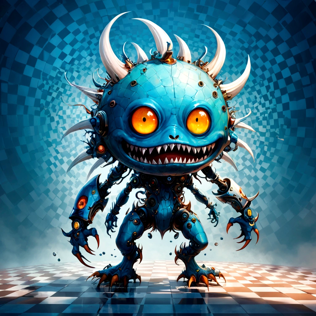 Dodger blue and white checkered background,(highest quality,4K,8k,High resolution,masterpiece:1.2),Super detailed,surrealist style,Daniel Merriam style,Nice style biopunk monster concept,Character Concept Design,
break
(full_shot:1.2),Negative space configuration,
break