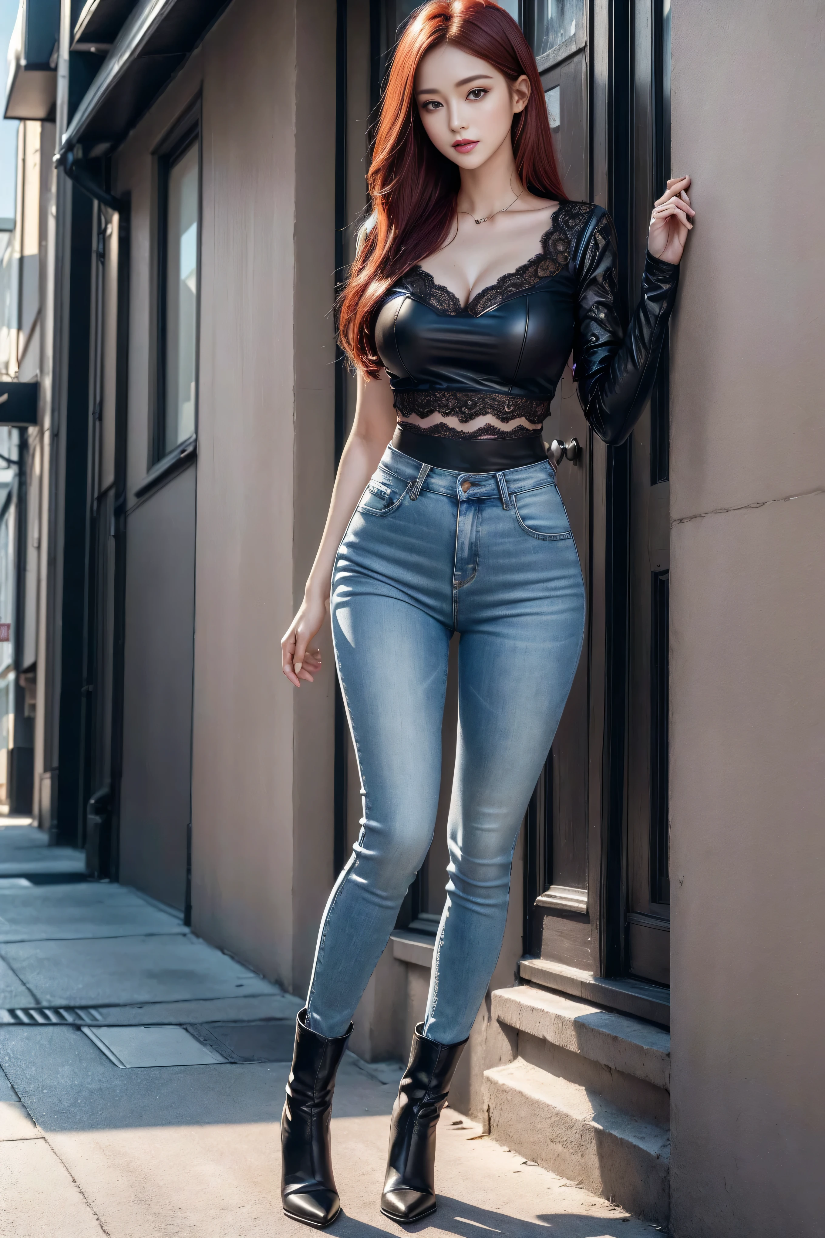 ((Realistic lighting, best quality, 8K, masterpiece:1.3)), Lock focus:1.2, Beautiful woman with perfect figure:1.4, 3 beautiful Korean girls, Korean pop idol,Leg length,(Pale skin), (big eyes),(Smile:0.8),(Plump and sexy lips), Complex and detailed face, ((Super delicate skin)),Delicate face,Ultra-thin face,Fine Eyes,Double eyelids,((Dark red hair)), (White lace underwear:1.4),Background Shibuya street,Large depth of field,Ultra-thin face,Fine Eyes,Double eyelids,(Start from below:1.attitude,(Mid-chest:1.2),Sexy long legs, (Thigh gap:1.5),Wide hips,S-Shaped Body, Hips lifted,Leg length,Light blue skinny jeans,Full body proportions from the front,Over-the-knee leather boots,