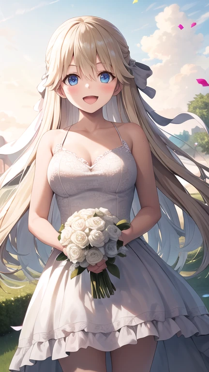 masterpiece, best quality, highres, 1girl, solo, long hair, blonde hair, hair ribbon, bangs, blue eyes, standing, cowboy shot, wedding dress, white dress, smile, open mouth, holding bouquet, garden, confetti,