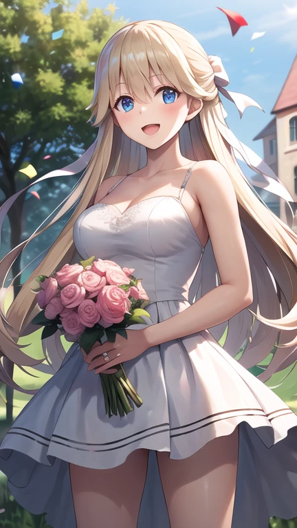 masterpiece, best quality, highres, 1girl, solo, long hair, blonde hair, hair ribbon, bangs, blue eyes, standing, cowboy shot, wedding dress, white dress, smile, open mouth, holding bouquet, garden, confetti,