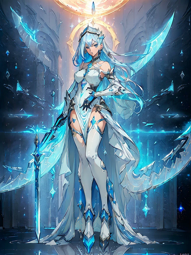 Design a layout showcase Gaming character, (1girl). Blue+Silver clothes, celestial and graceful, ((showcase weapon:1.4)), crescent blade, (masterpiece:1.2), (best quality), 4k, ultra-detailed, (Step by step design, layout art:1.5), (starry lighting, cosmic atmosphere), moon priestess, ((moonlit gloves)), (((revealing gown:1.3))), starlit vambraces, celestial boots, (((full_body_shot:1.4)))