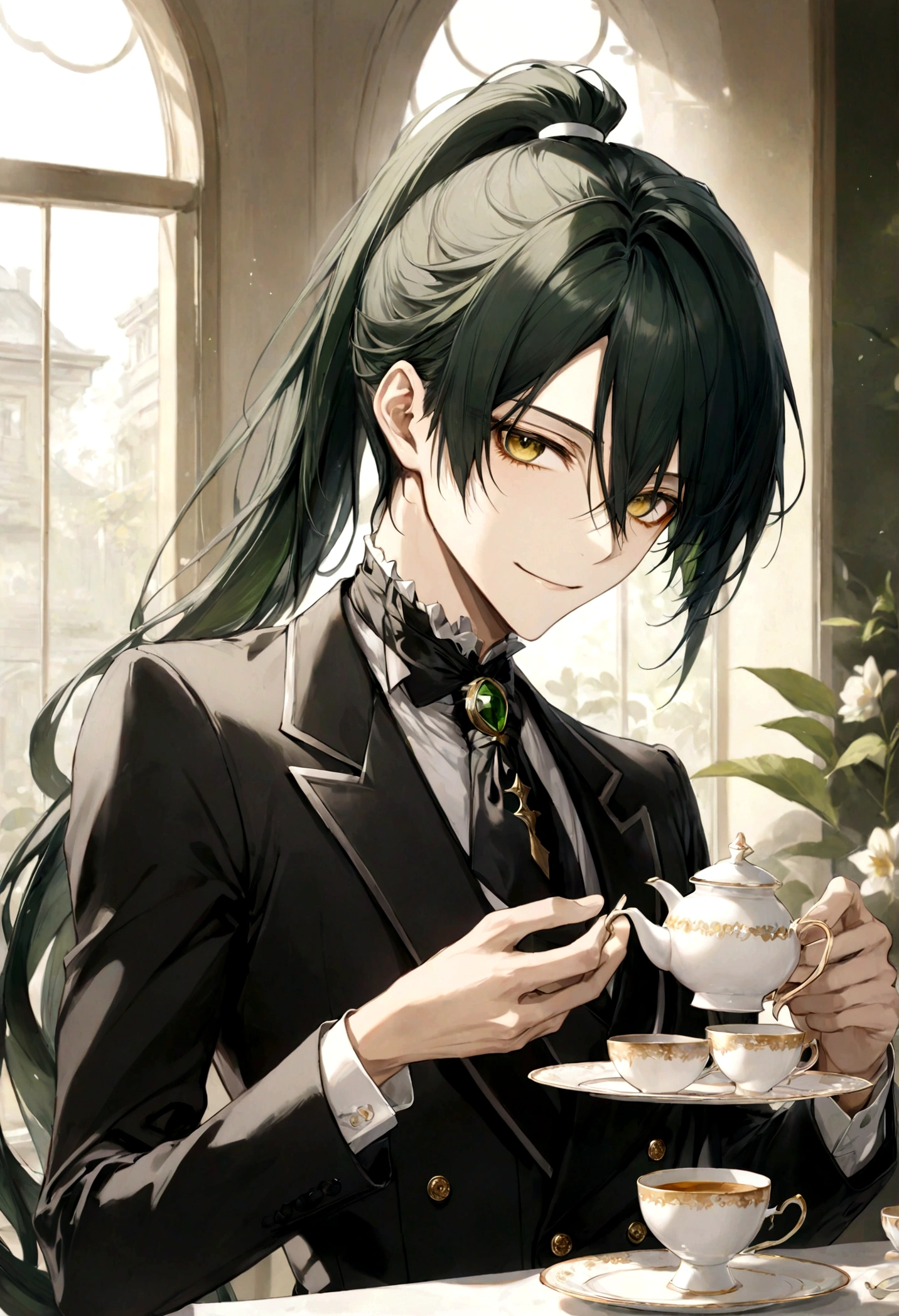 ((top-quality)), ((​masterpiece)), ((ultra-detailliert)), (extremely delicate and beautiful), handsome man, dark green hair, long straight hair, high ponytail hairstyle, golden eyes, serene expression, graceful smile, wearing black butler suit, serving tea, tearoom background