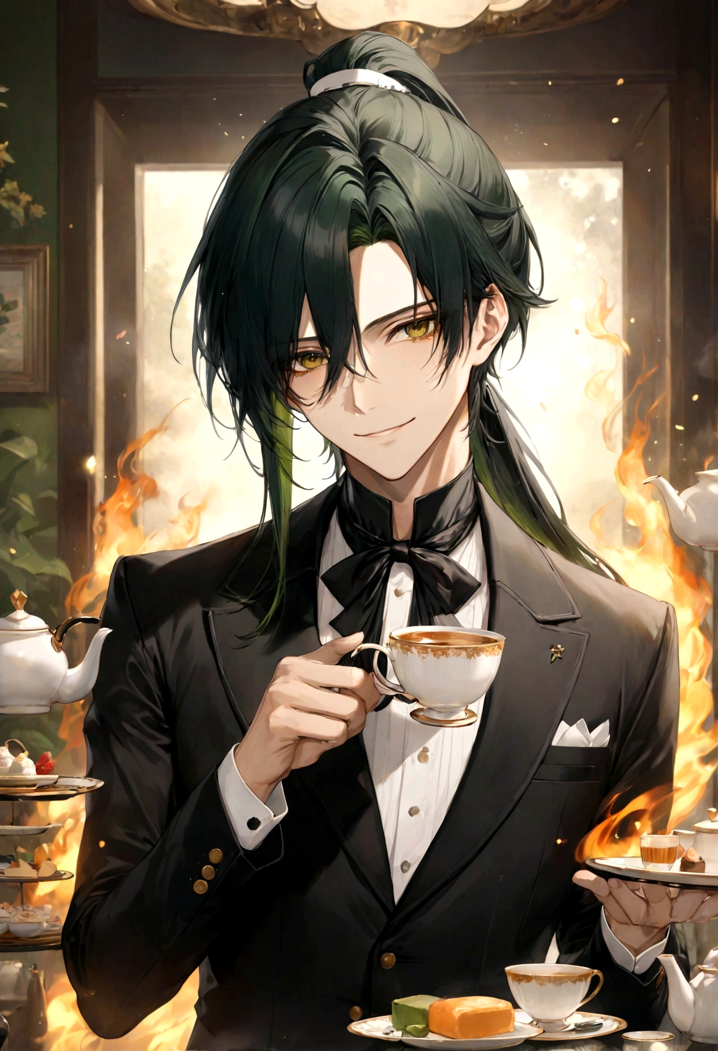 ((top-quality)), ((​masterpiece)), ((ultra-detailliert)), (extremely delicate and beautiful), handsome man, dark green hair, long straight hair, high ponytail hairstyle, golden eyes, serene expression, graceful smile, wearing black butler suit, serving tea, tearoom background