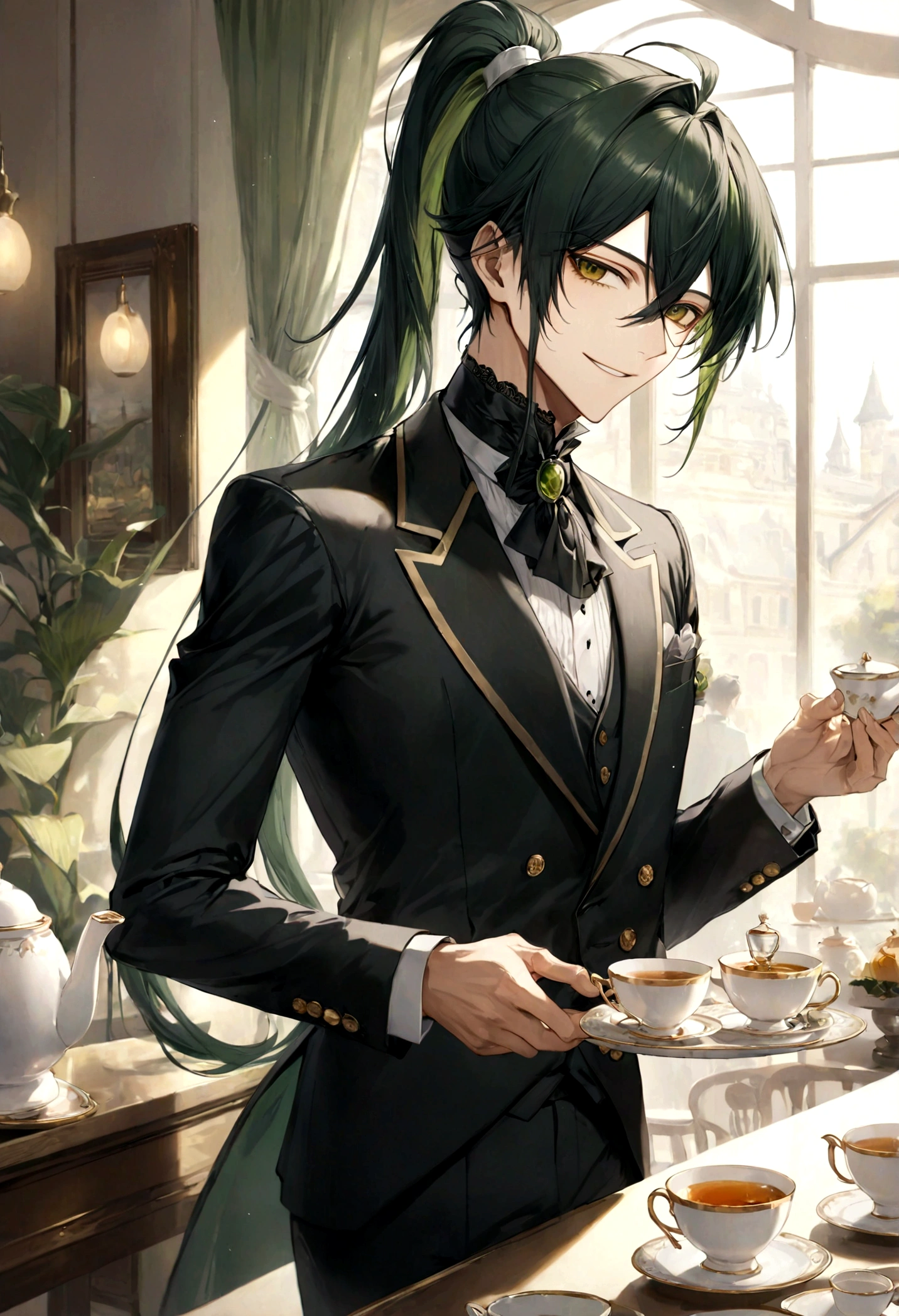 ((top-quality)), ((​masterpiece)), ((ultra-detailliert)), (extremely delicate and beautiful), handsome man, dark green hair, long straight hair, high ponytail hairstyle, golden eyes, serene expression, graceful smile, wearing black butler suit, serving tea, tearoom background