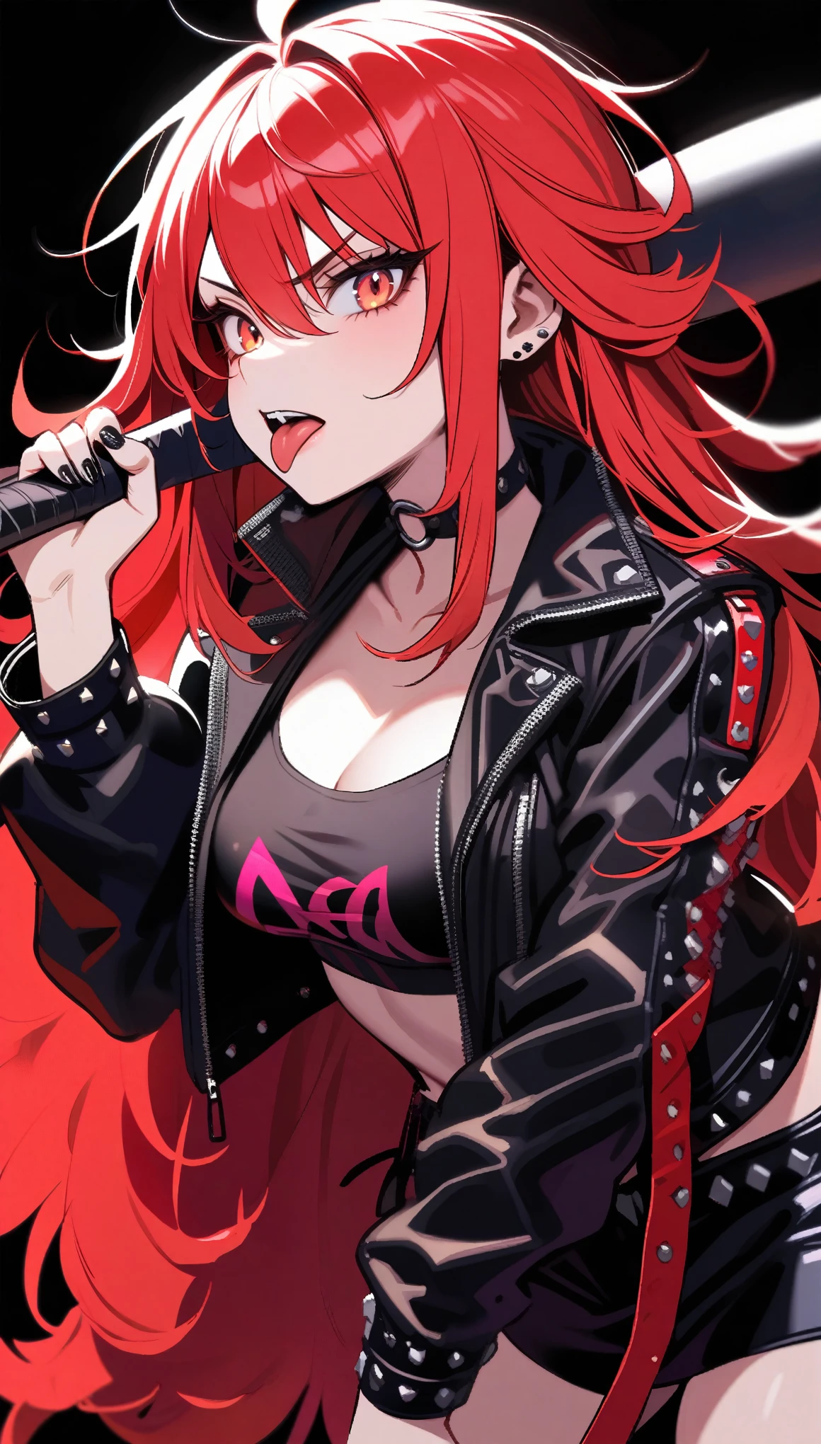 Bad Girl，Fluffy red hair，Sticking out tongue，Tongue Stud，Black nails，Exaggerated studded jacket，Holding a baseball bat，Black and red