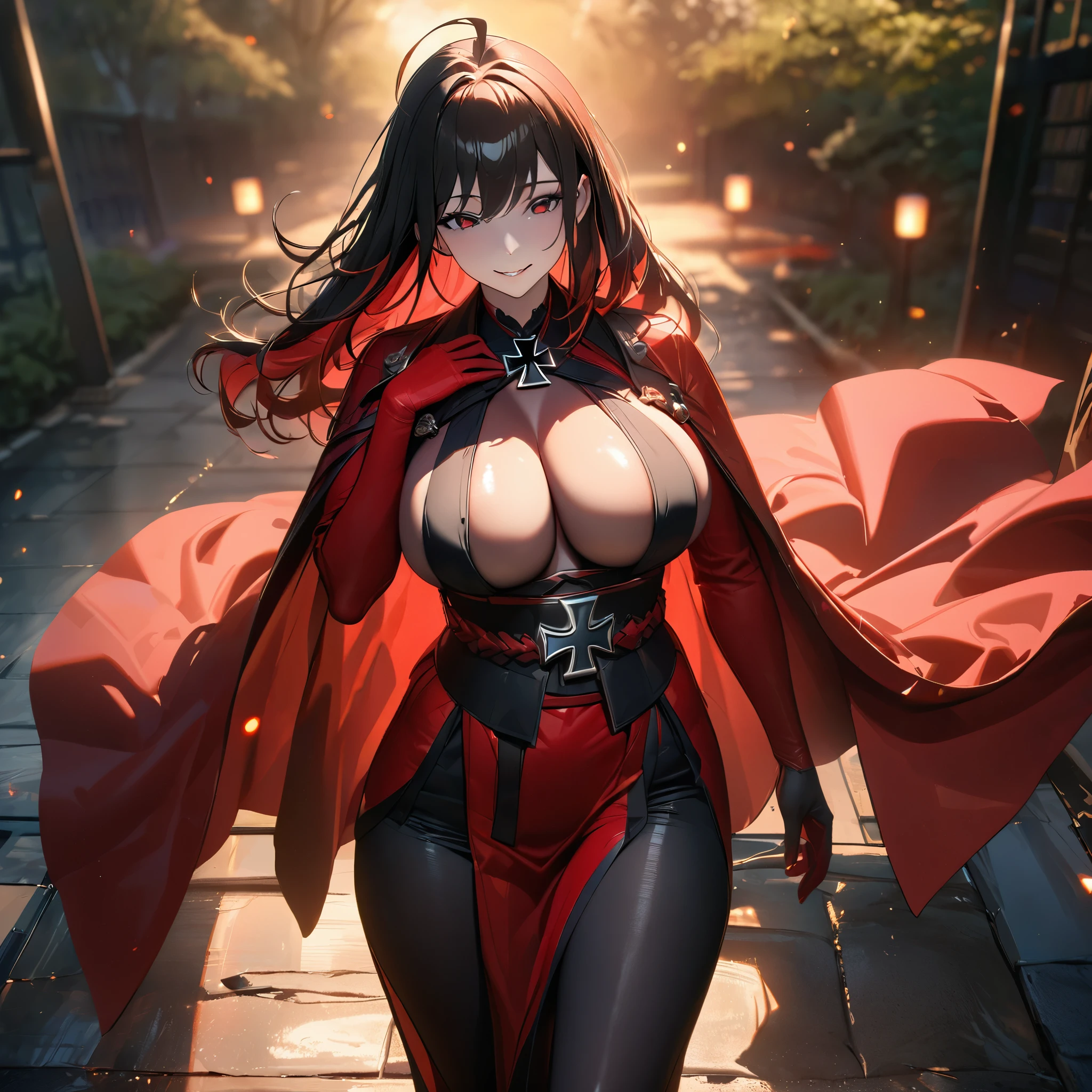 A mature woman, wearing a long-sleeved red kimono, a kimono with black details and an iron cross, red eyes, large breasts, exposed breasts, exposed thigh, long black hair, floor-length hair, red bangs, multicolored hair, long cape black skin, sadistic smile, Ahoge, red aura around, a black tiara over the hair, walking on a sidewalk in a traditional Japanese garden, fog in the background, at the end of the sunset, illuminated place.UHD, masterpiece, accurate, anatomically correct, textured skin, super detail, high quality, best quality, 8k, high resolution, bokeh effect. (solo woman)
