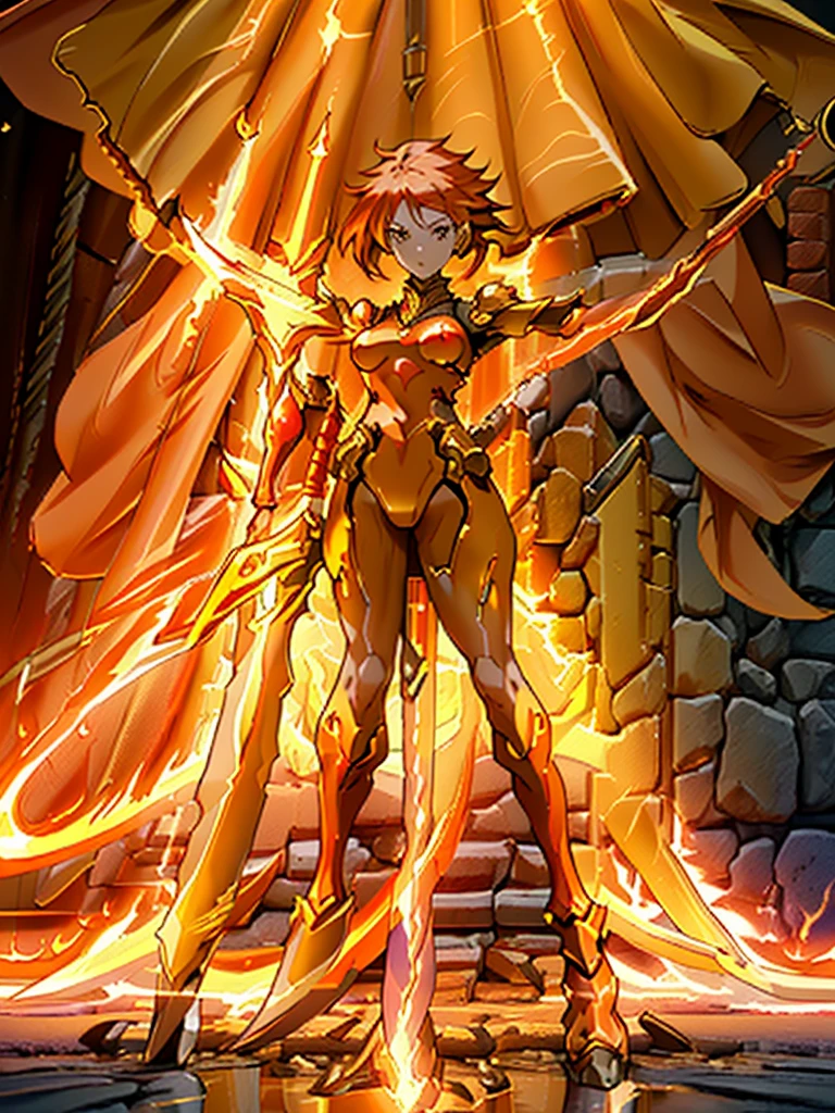 Design a layout showcase Gaming character, (1girl). Gold+Red clothes, fiery and majestic, ((showcase weapon:1.4)), flame whip, (masterpiece:1.2), (best quality), 4k, ultra-detailed, (Step by step design, layout art:1.5), (flaming lighting, fiery setting), fire mage, ((flame gloves)), (((revealing armor:1.3))), flame vambraces, fireproof boots, (((full_body_shot:1.4)))