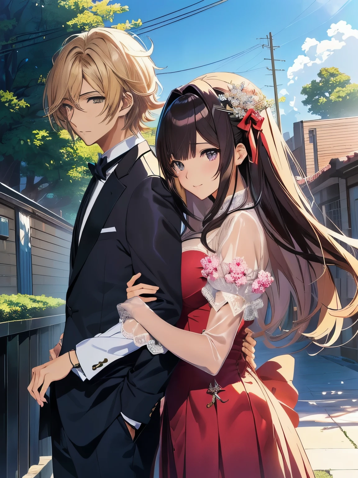 pareja de anime con traje formal parados uno al lado del otro, visual clave de anime de elegante, visual clave de novela visual, romance shojo, visual novel cg, ; visual novel, postura de pareja, sakimichan y frank franzzeta, visual novel, arte oficial, anime moe art style, high detailed arte oficialwork, fanart oficial, high quality anime art style, arte oficialwork