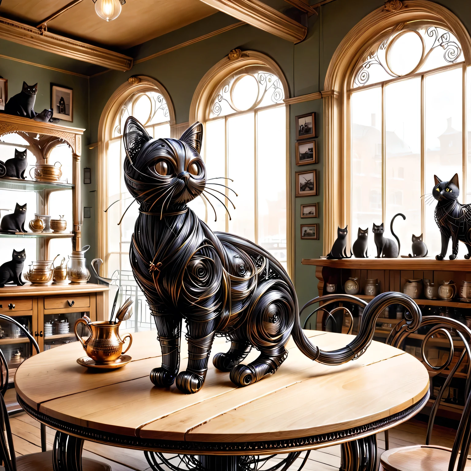 Illustration of a cat made of wire, thin black wire, cat on a table in an antique shop, intricate details