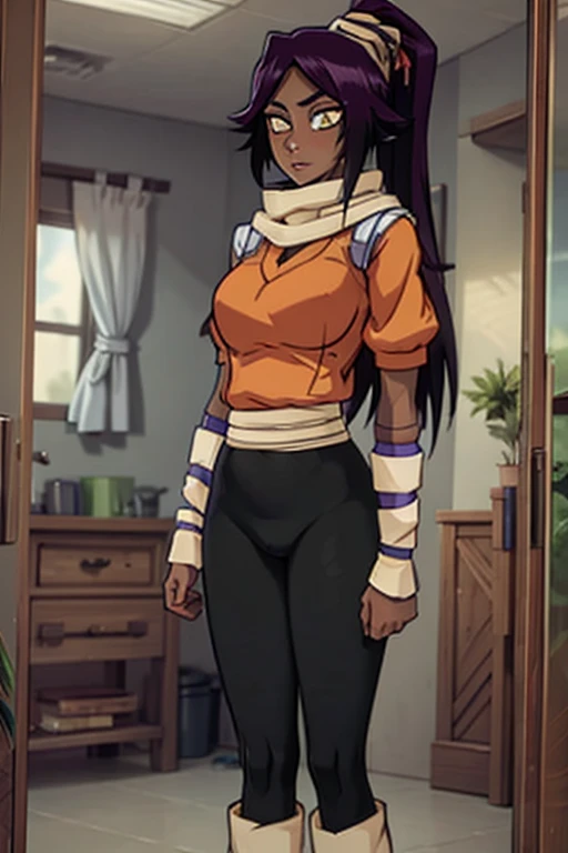 8K, (best quality:1.3), (masterpiece:1.3), (detailed:1.2), ultra high res, colorful, extremely detailed eyes and face, beautiful detailed eyes, POV, looking in mirror, orange shirt, shihouin yoruichi, 1girl, solo, dark skinned female, dark skin, ponytail long hair, parted bangs, purple hair, yellow eyes, black leggings, waist accessory, scarf, gloves, ((leg warmers)), white shoulder straps,
