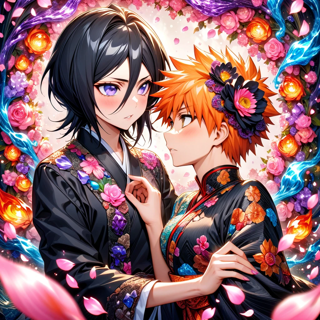 Ultra detailed, highres, absurdres, HDR, master piece, Kurosaki Ichigo, orange hair, expressive brown eyes, Kuchiki Rukia, black hair, expressive purple eyes, black clothes with patterns, Bleach, fantasy, petals, blossoms, pink flowers, water, a handsome man together with a beautiful woman, sexy, couple, love, magic, best quality, extremely detailed face and eyes,